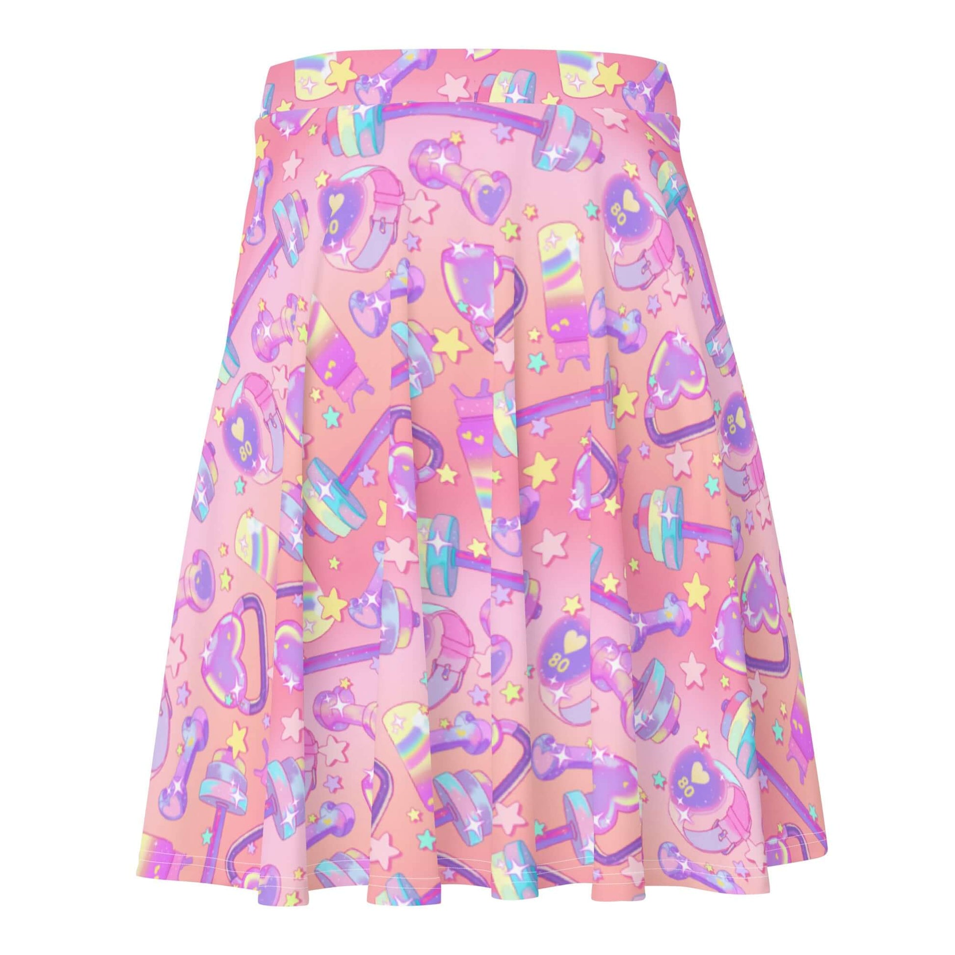 Colorful Glitter Gains Skater Skirt featuring a fun fitness-themed print, perfect for a breezy, stylish look.
