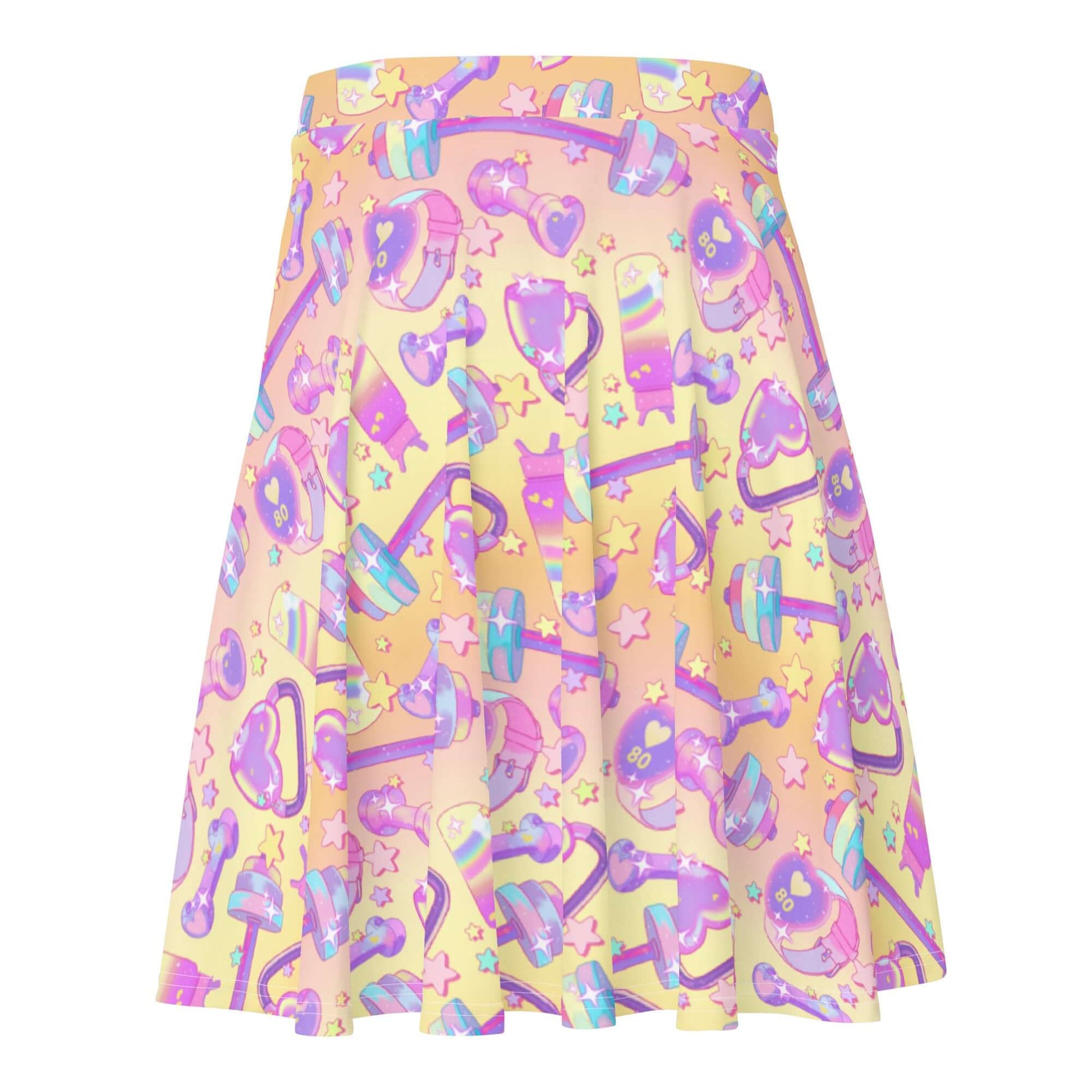 Colorful Glitter Gains Skater Skirt featuring fun workout graphics, perfect for casual and stylish outfits.