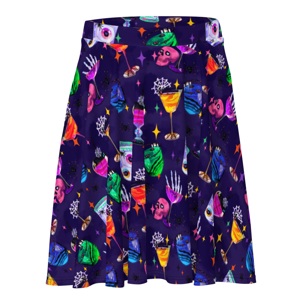 Stylish Monster Party Skater Skirt in vibrant colors, perfect for showcasing spooky style this Halloween.