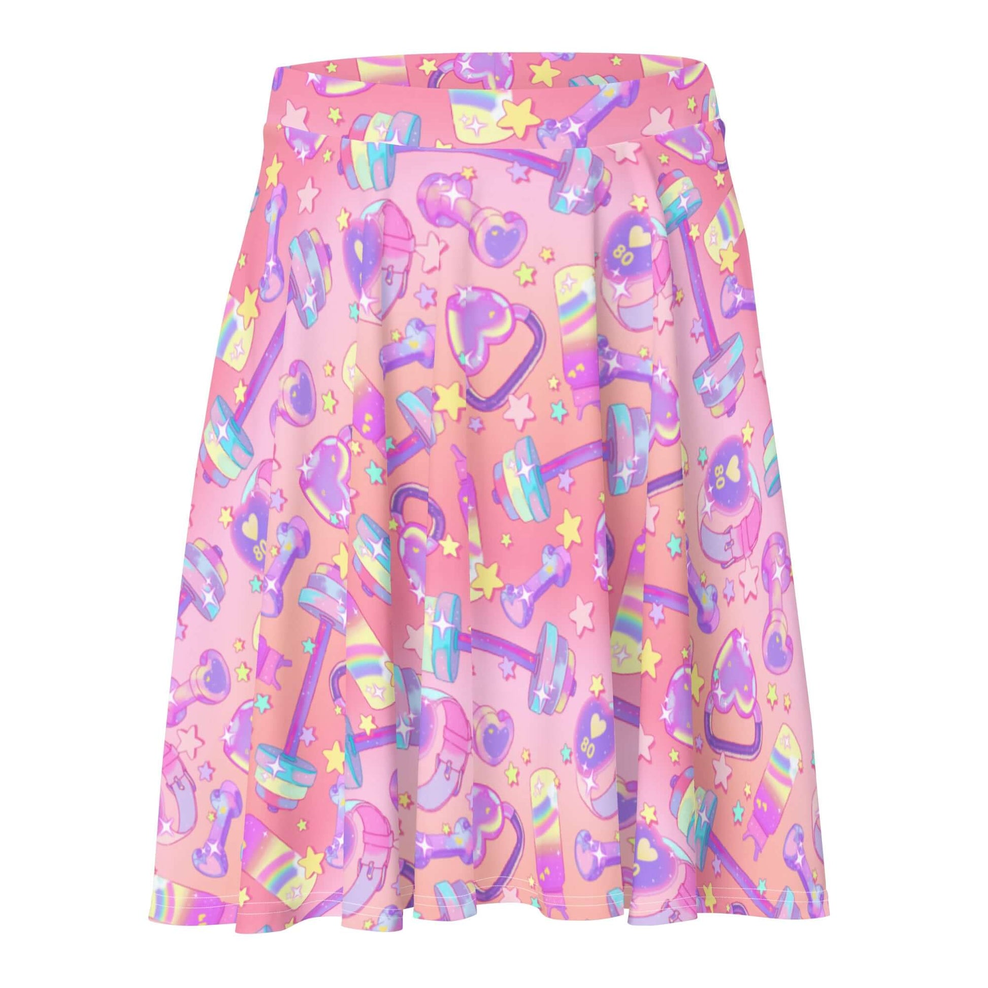 Bright and playful Glitter Gains Skater Skirt featuring a fitness-themed design, perfect for showcasing your fun style.