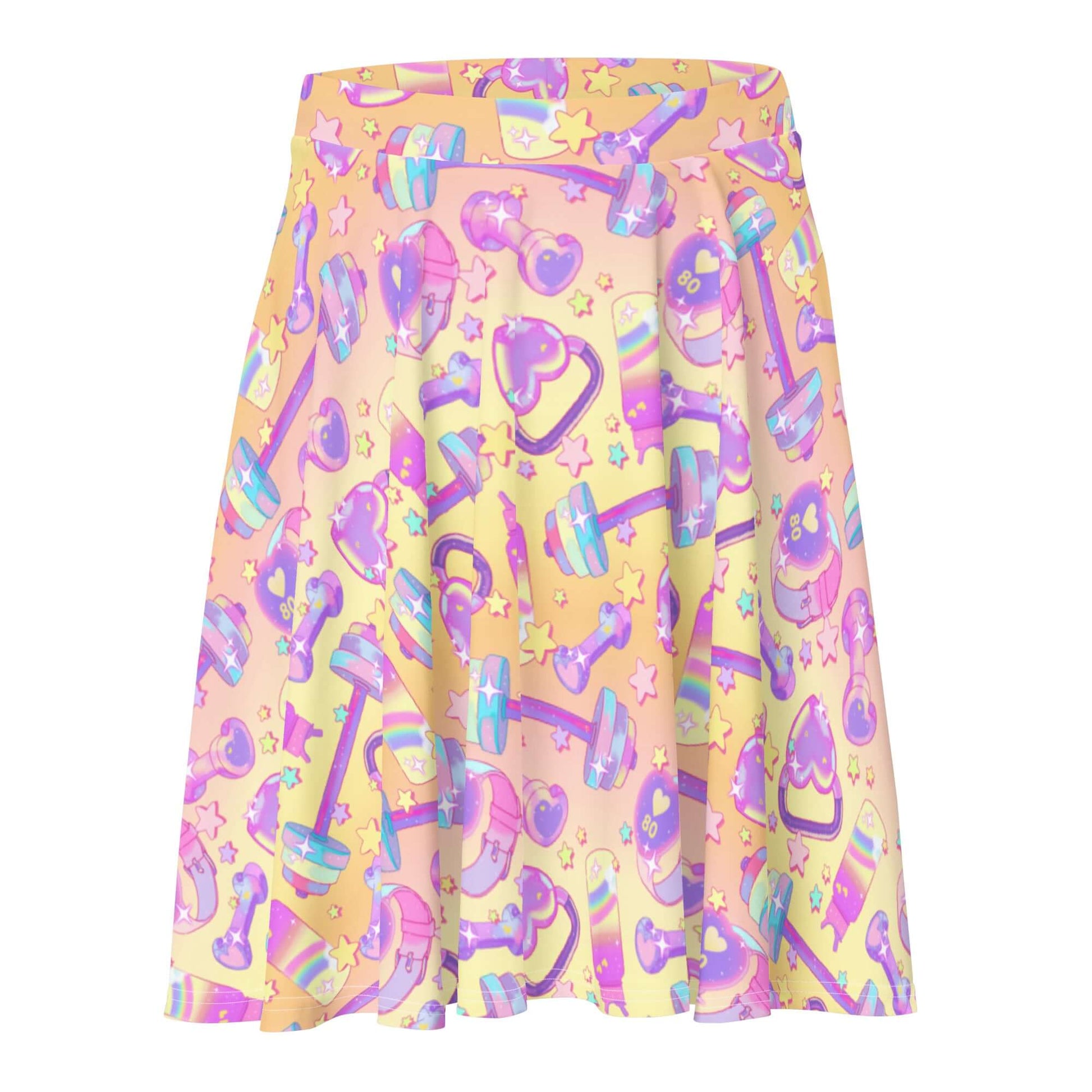 Bright and playful Glitter Gains Skater Skirt featuring a fun weightlifting print, perfect for a breezy day out.