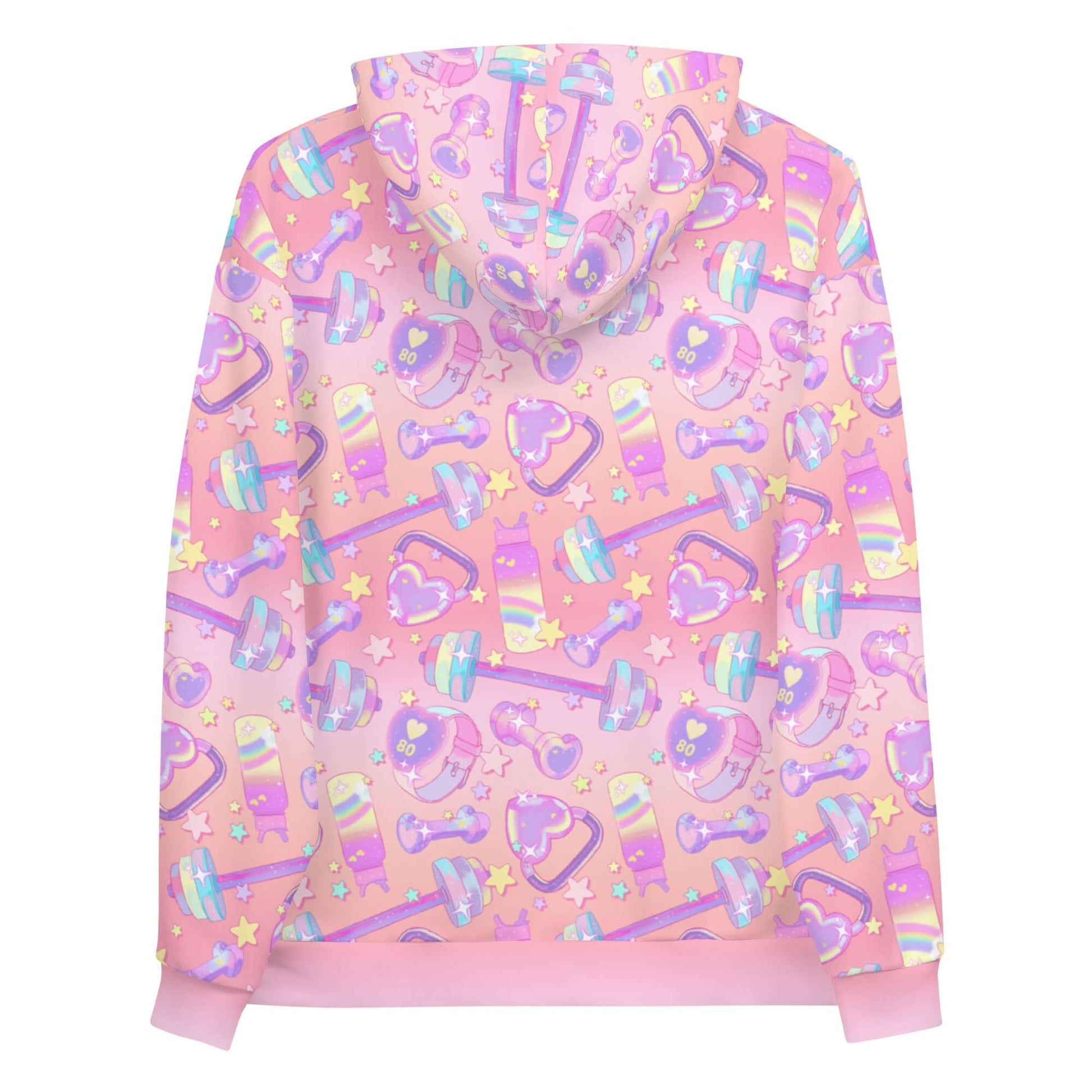 Vibrant Glitter Gains Hoodie featuring cute gym-themed patterns, perfect for workout enthusiasts and kawaii lovers.