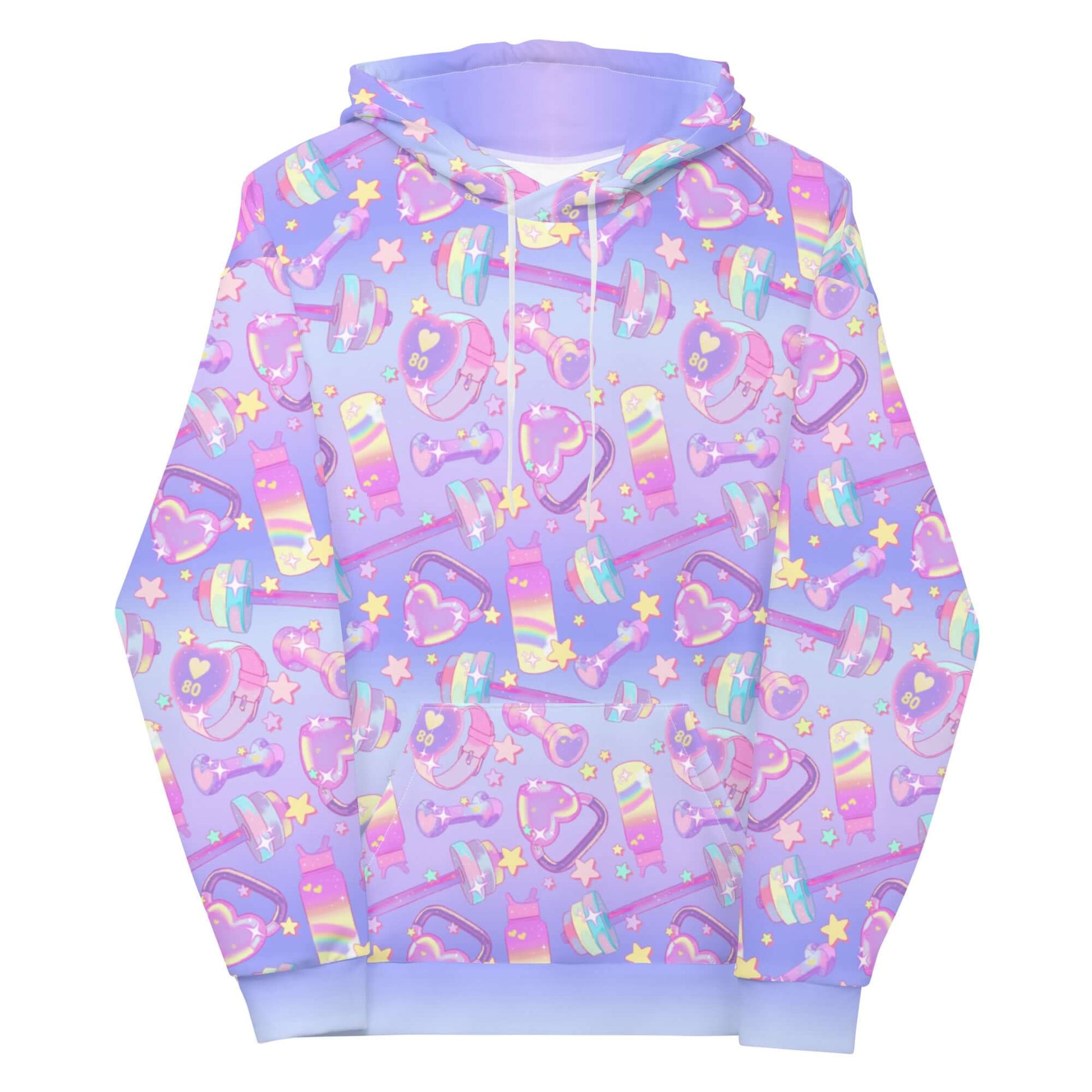 Vibrant Glitter Gains Hoodie featuring cute workout designs, perfect for active lifestyles and kawaii fashion lovers.