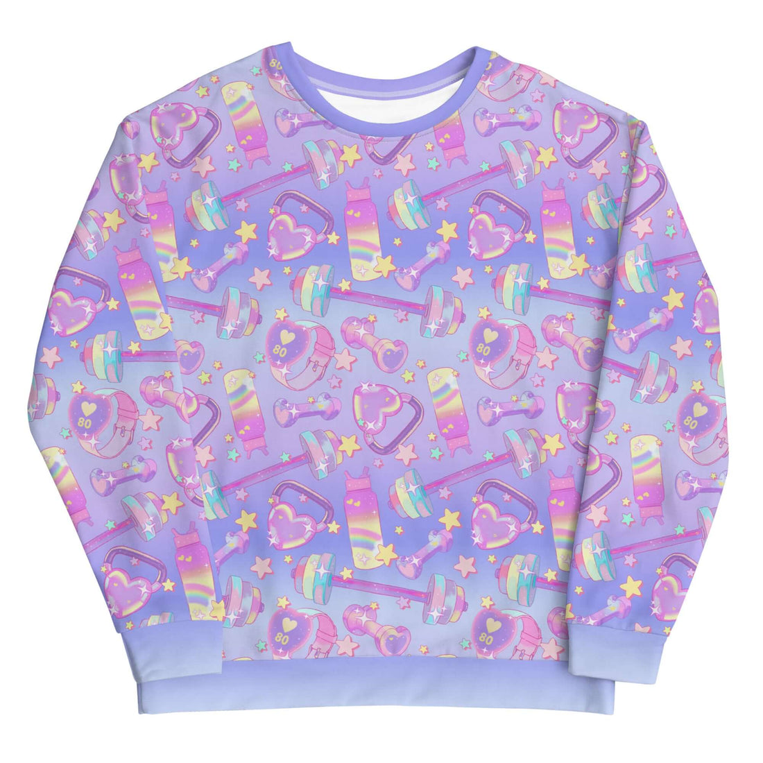 Colorful Glitter Gains Sweatshirt featuring gym-themed patterns, perfect for active and kawaii enthusiasts.