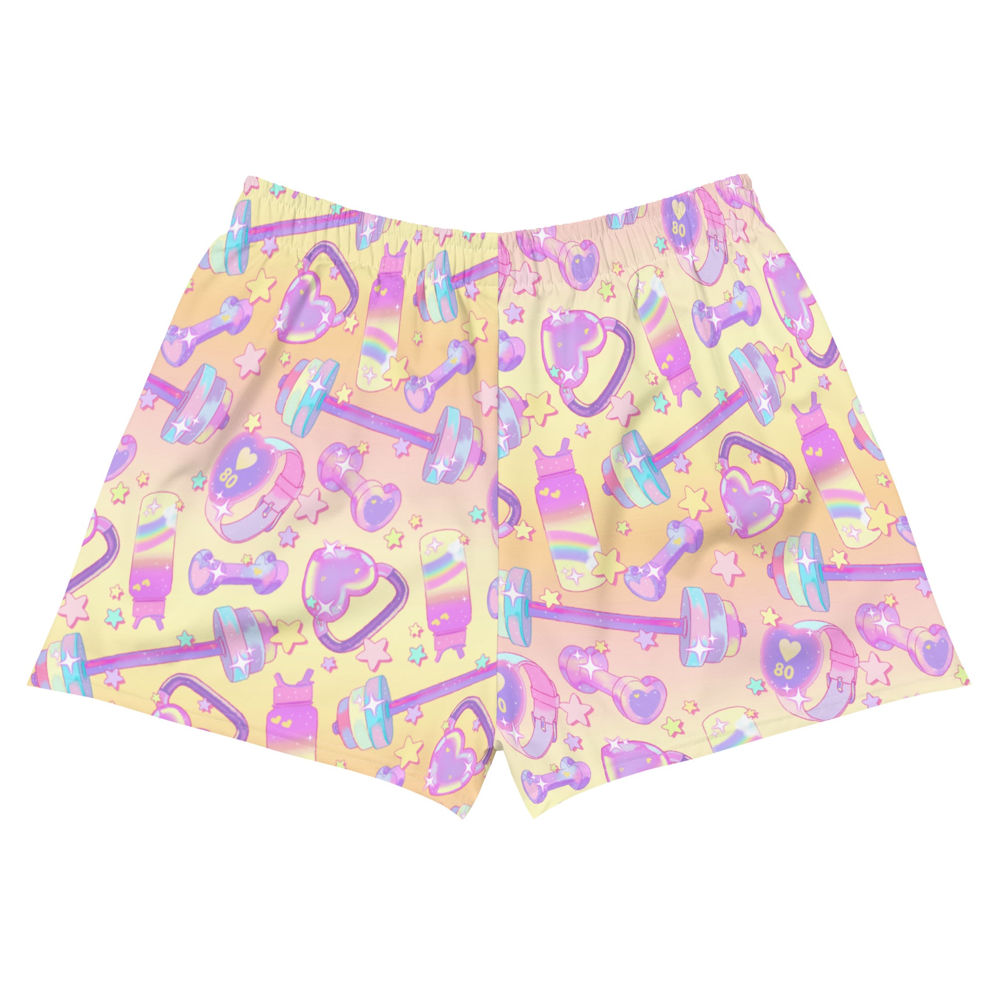 Colorful Glitter Gains Athletic Short Shorts with fun fitness-themed patterns, perfect for workouts and casual wear.
