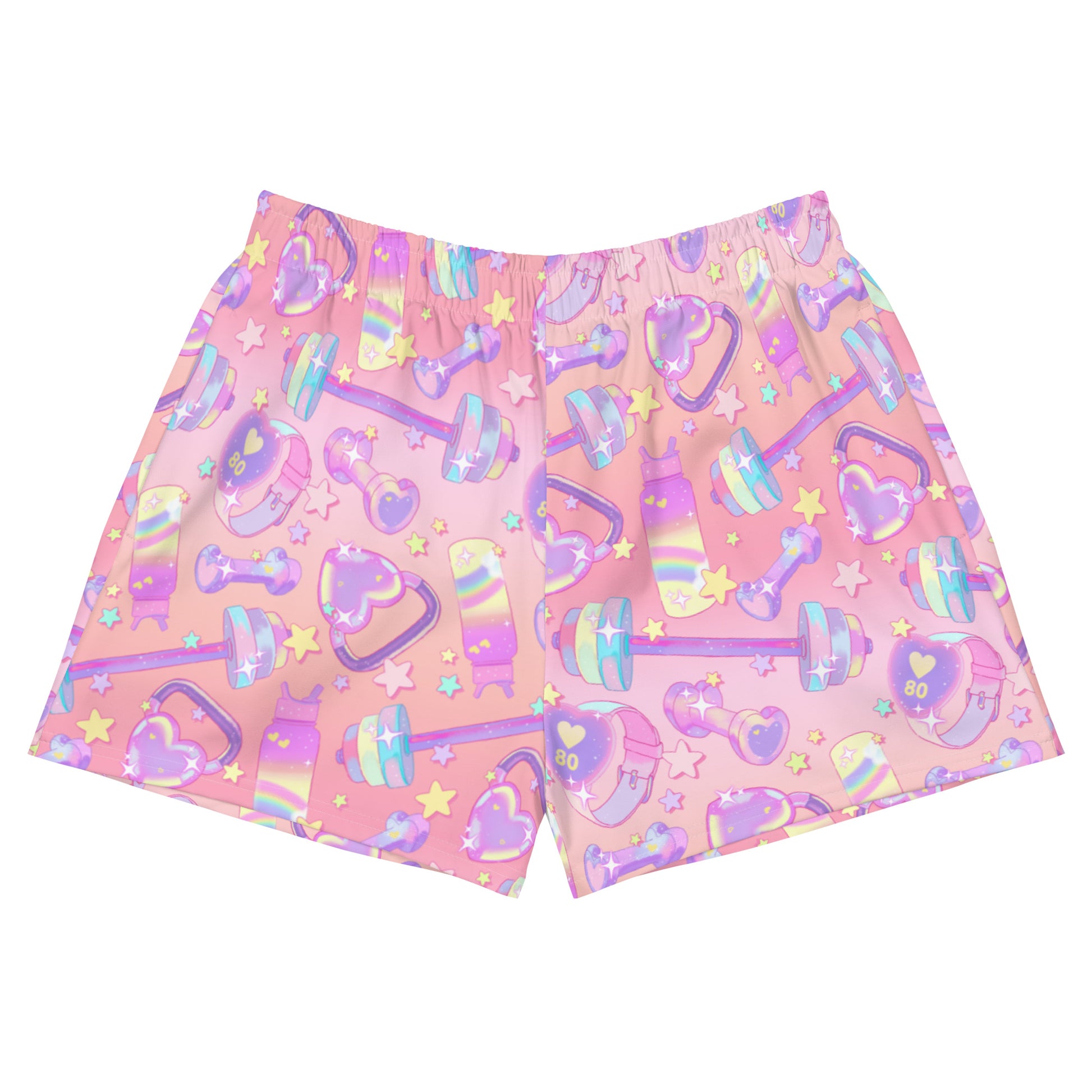 Glitter Gains Athletic Short Shorts featuring a colorful fitness-themed design, perfect for workouts and casual wear.