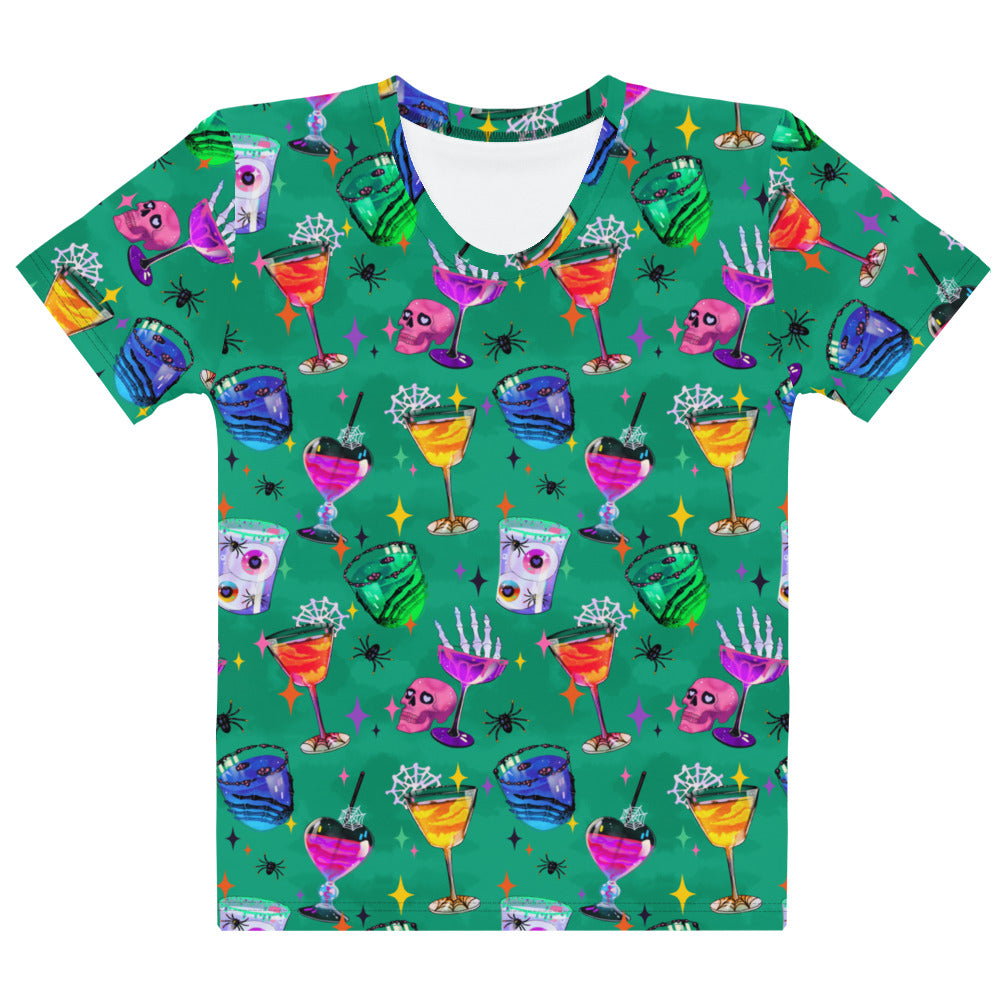 Bright and fun Monster Party T-shirt featuring colorful drinks and ghoulish designs, perfect for Halloween festivities.