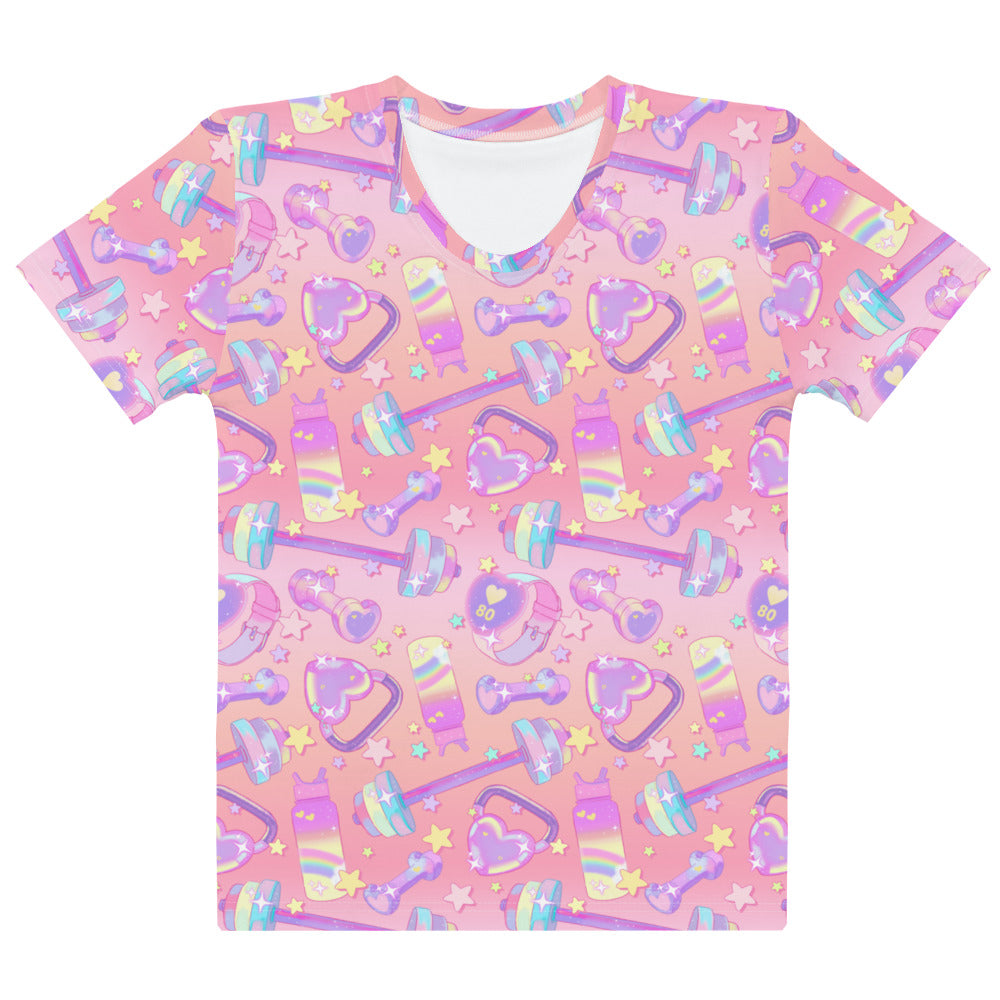 Vibrant Glitter Gains T-shirt featuring playful gym-themed patterns, perfect for standout workouts and comfort.