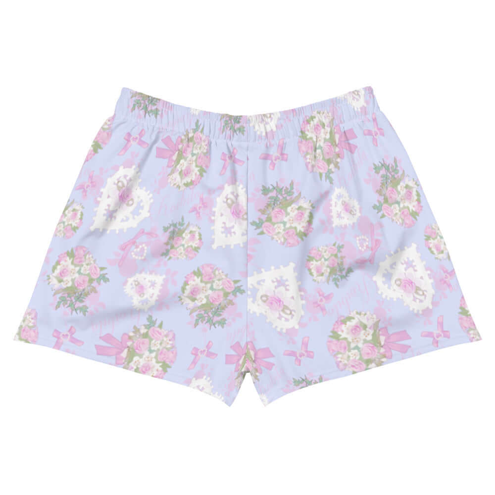 Soft pastel Anniversary Athletic Short Shorts featuring a floral print, perfect for gym and sunny days at your favorite store.