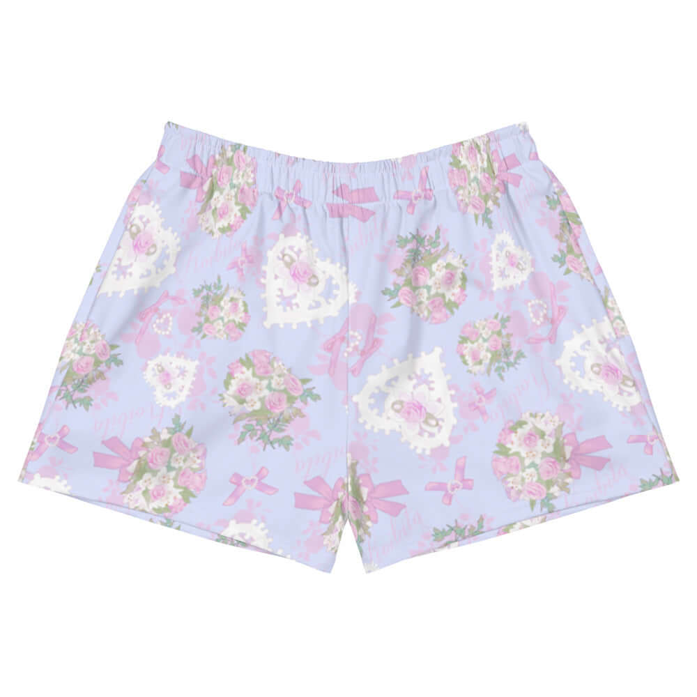 Pastel floral design of Anniversary Athletic Short Shorts, perfect for fun in the sun or gym workouts.