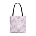 Stylish Anniversary Tote Bag (Pink) features floral patterns and durable cotton straps, perfect for any outing.