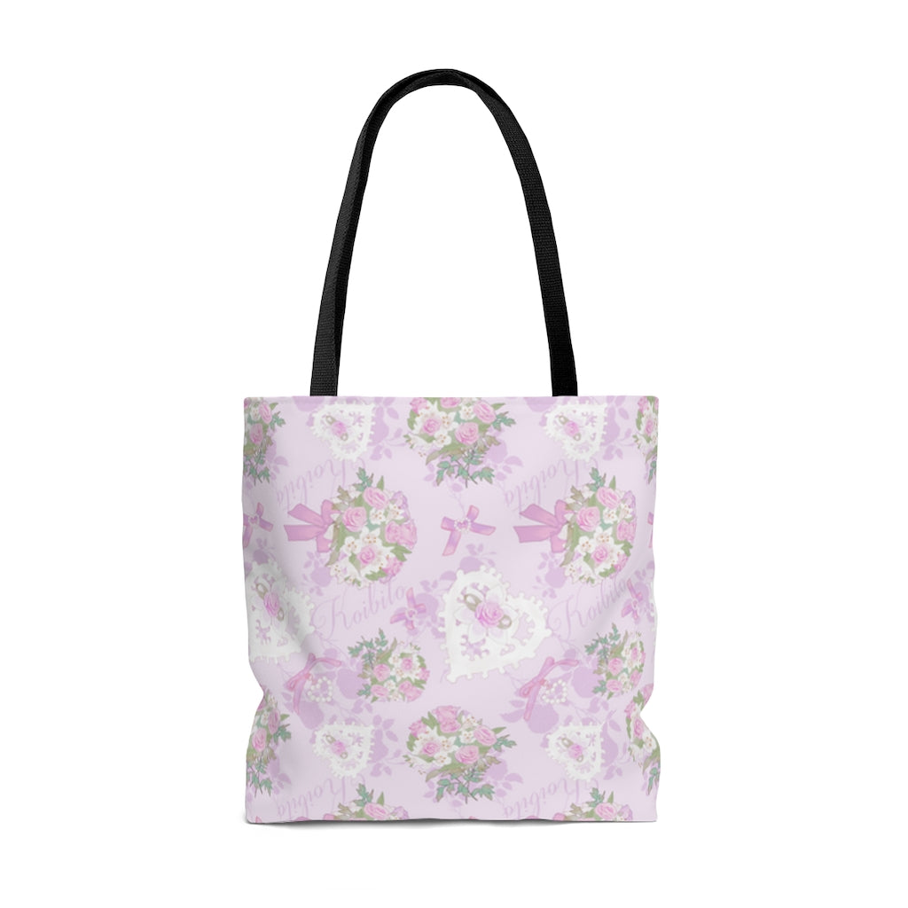 Stylish Anniversary Tote Bag (Pink) features floral patterns and durable cotton straps, perfect for any outing.