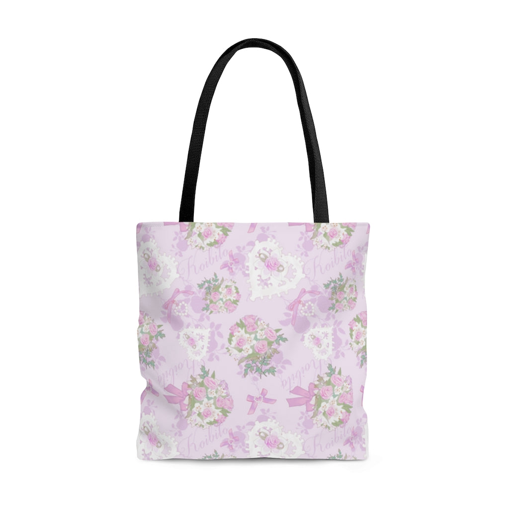 Stylish Anniversary Tote Bag (Pink) with floral design, perfect for elegant outfits and daily use.