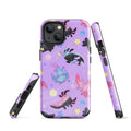 Colorful Axolotl iPhone® Tough Case featuring cute axolotls on a purple background, perfect for stylish phone protection.