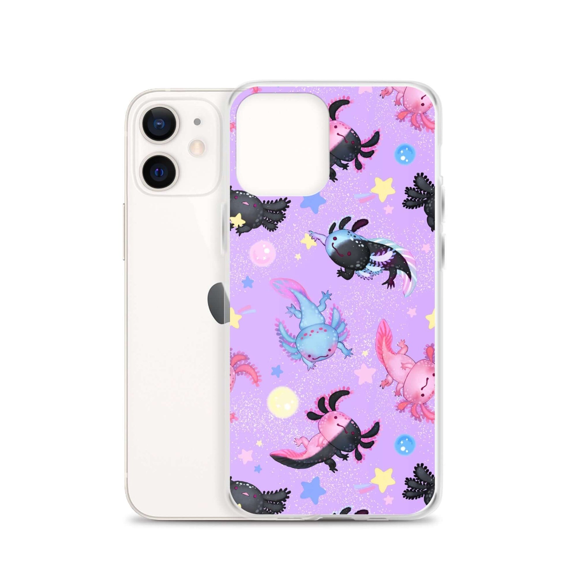 Sleek Axolotl iPhone® Clear Case showcases colorful axolotls with solid protection against scratches and dirt.