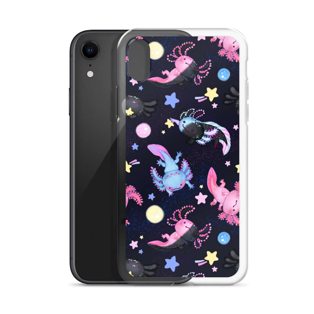 Sleek Axolotl iPhone® Clear Case featuring vibrant axolotl designs, offering protection from scratches and dust.