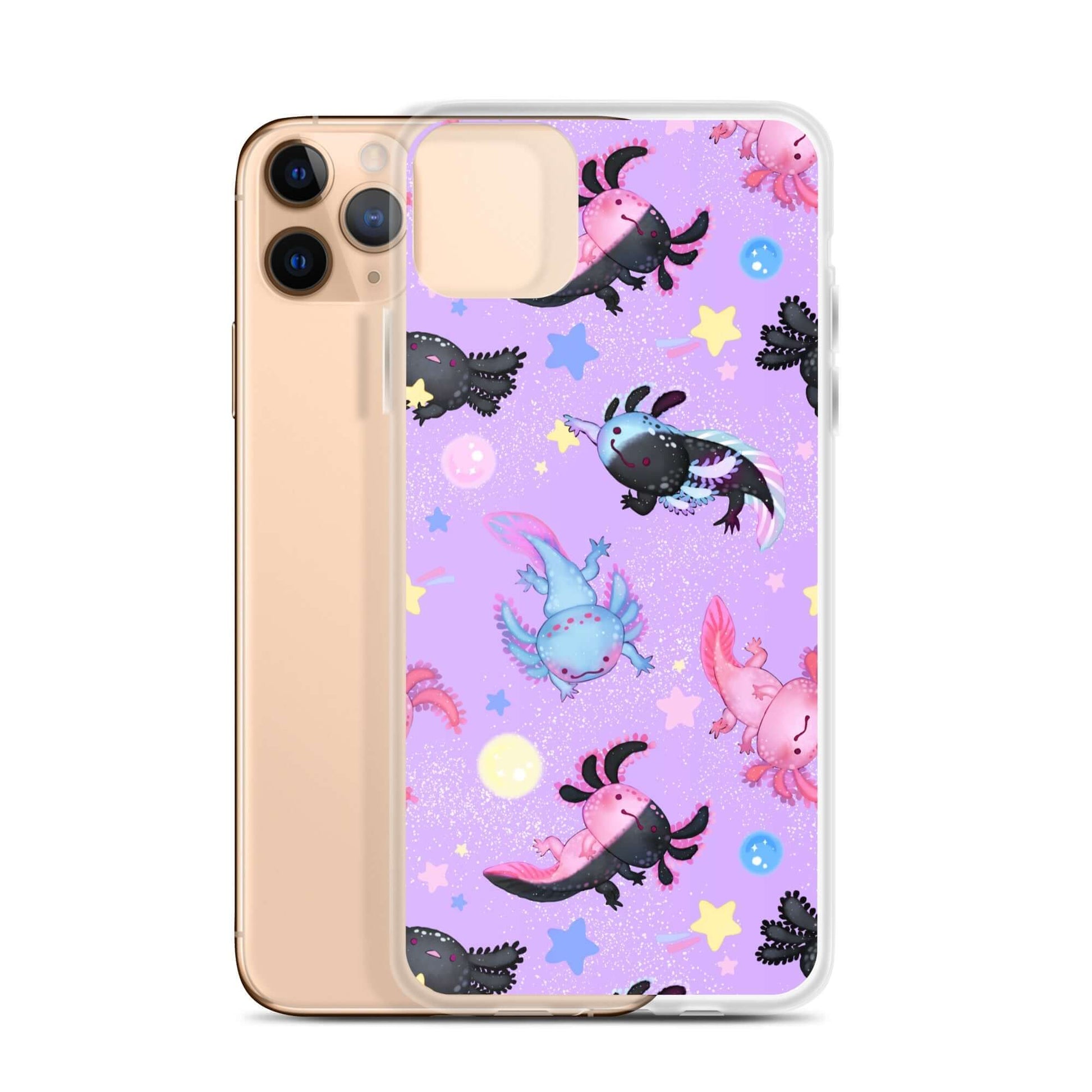 Colorful Axolotl iPhone® Clear Case featuring playful designs, protecting your phone from scratches and dirt. Perfect for style!