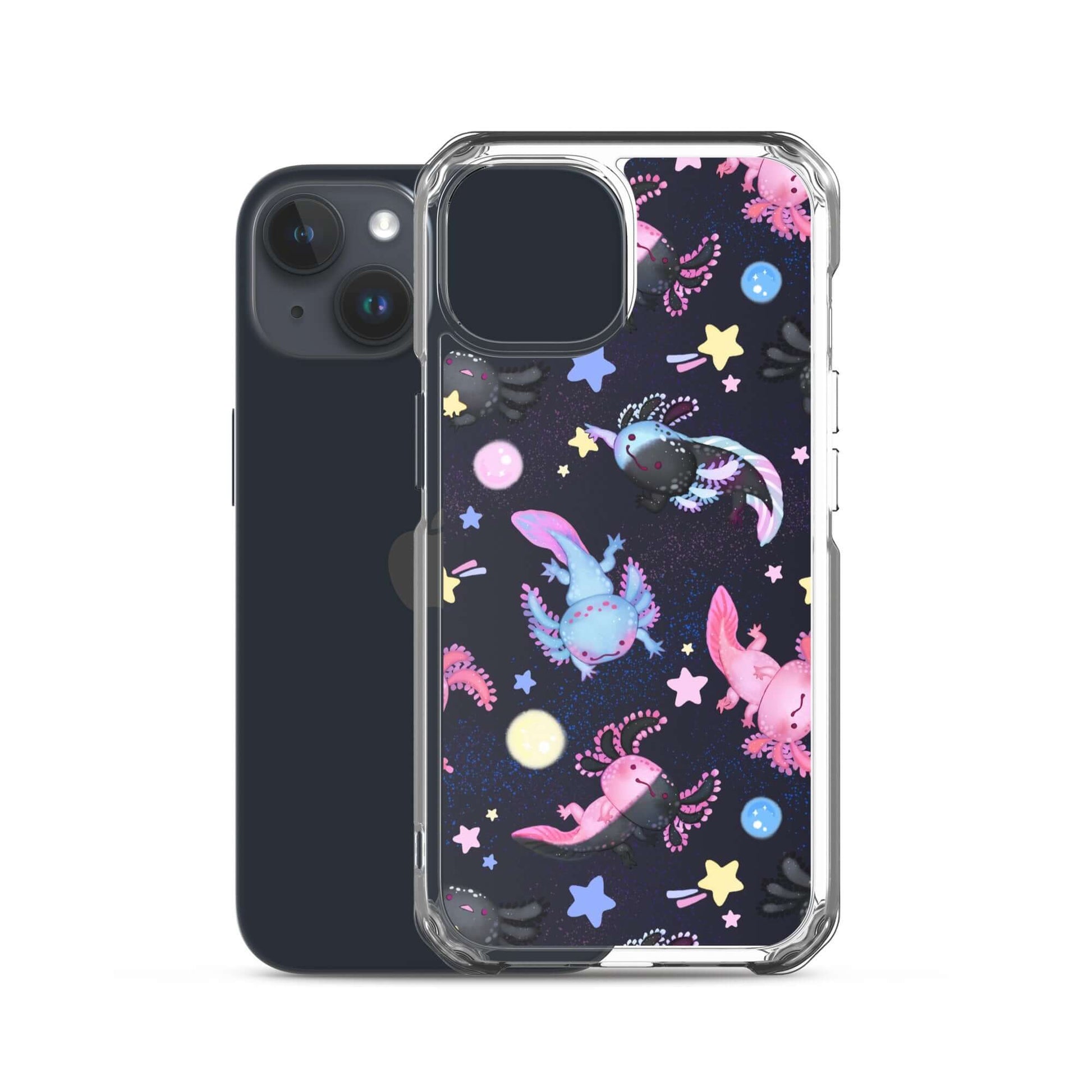 Colorful Axolotl iPhone® Clear Case with a sleek design, offering protection from scratches and dirt. Perfect for your phone!