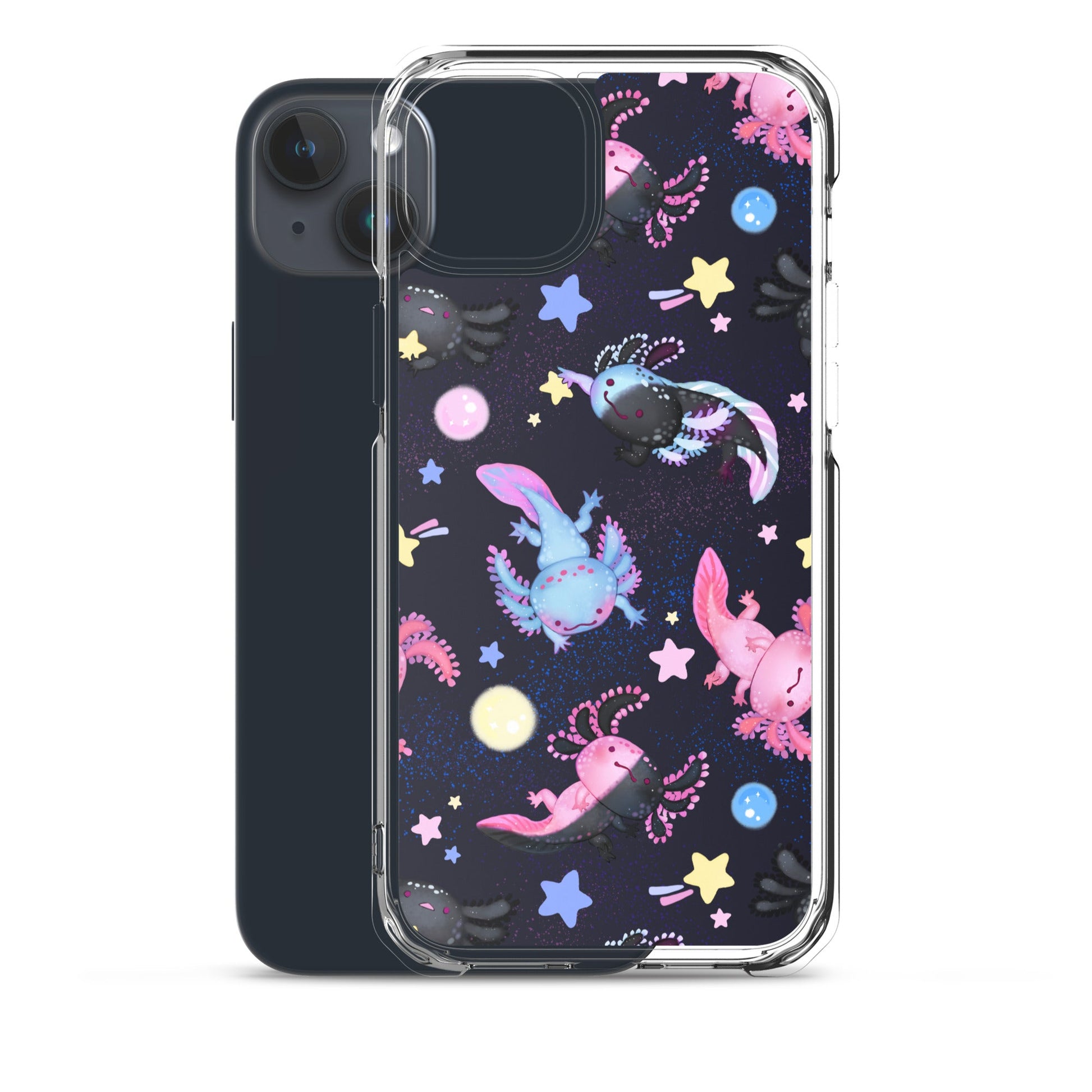 Sleek Axolotl iPhone® Clear Case featuring vibrant designs, protecting against scratches and dirt effortlessly.