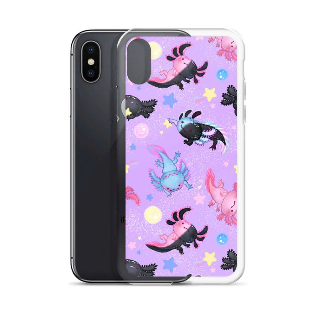 Colorful Axolotl iPhone® Clear Case featuring flexible sides and solid back for effective phone protection and style.