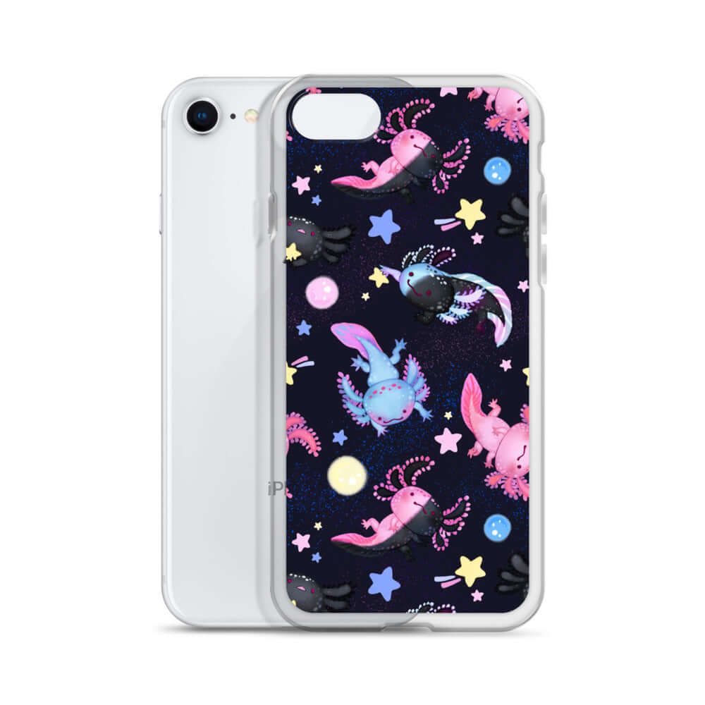 Colorful Axolotl iPhone® Clear Case showcasing vibrant designs, offering protection against scratches and dust.