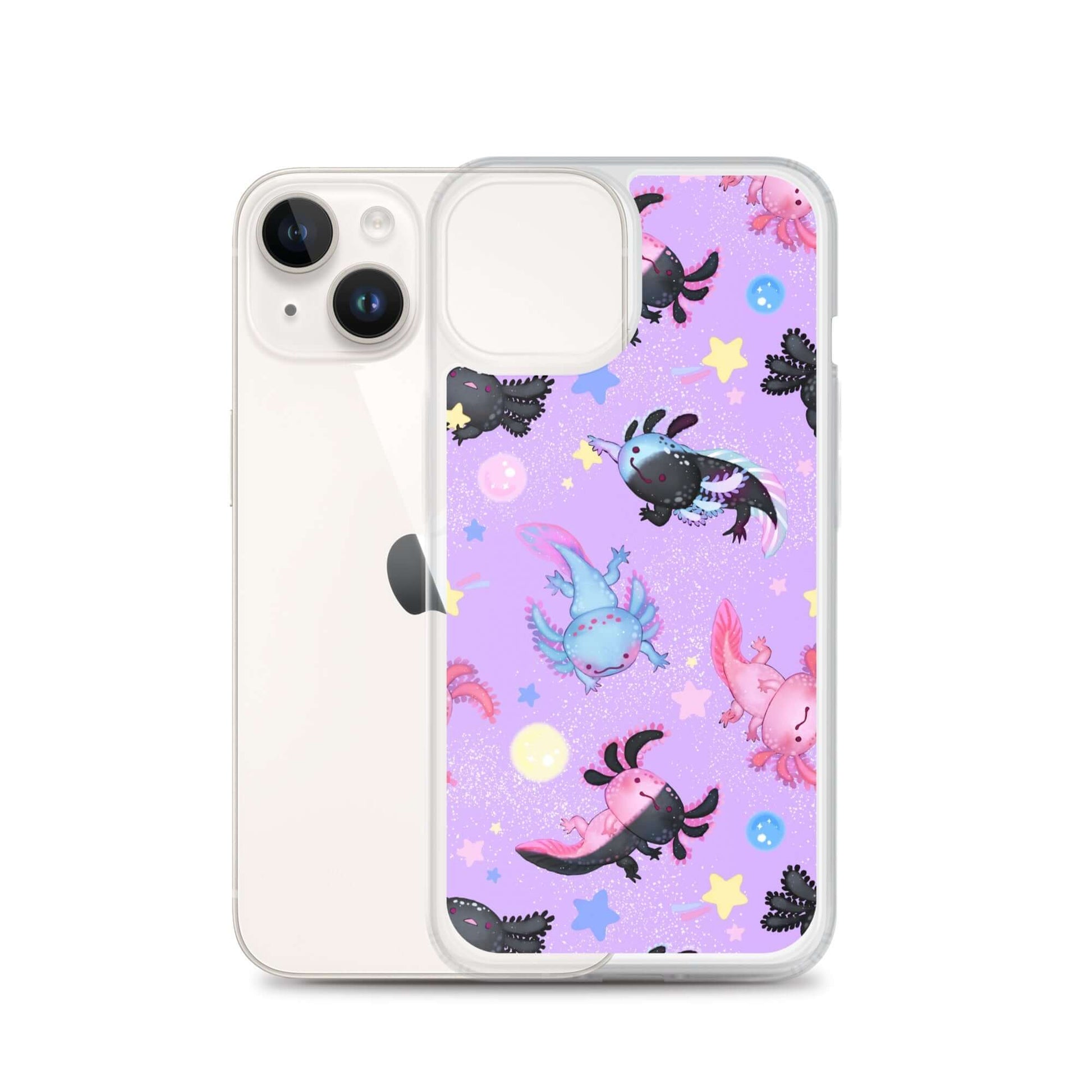 Colorful Axolotl iPhone® Clear Case showcasing cute designs, offering protection against scratches and dirt.