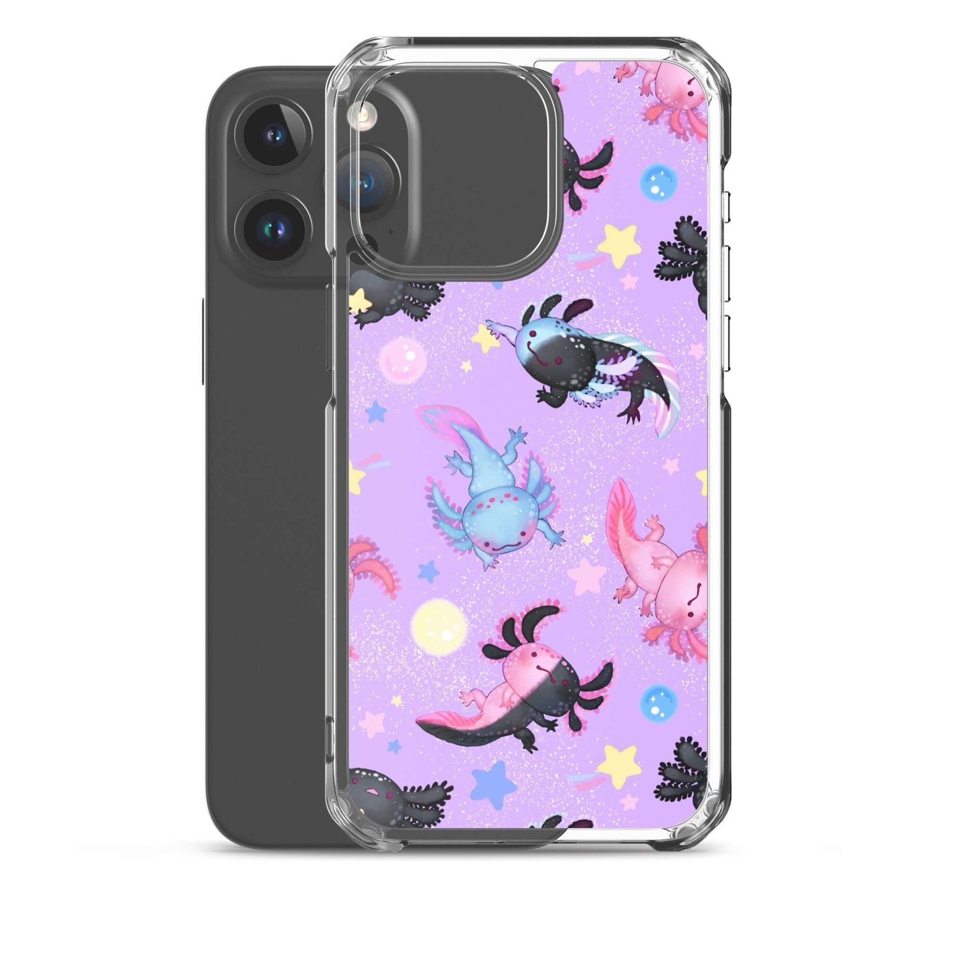 Colorful Axolotl iPhone® Clear Case featuring playful designs, offering stylish protection for your device.