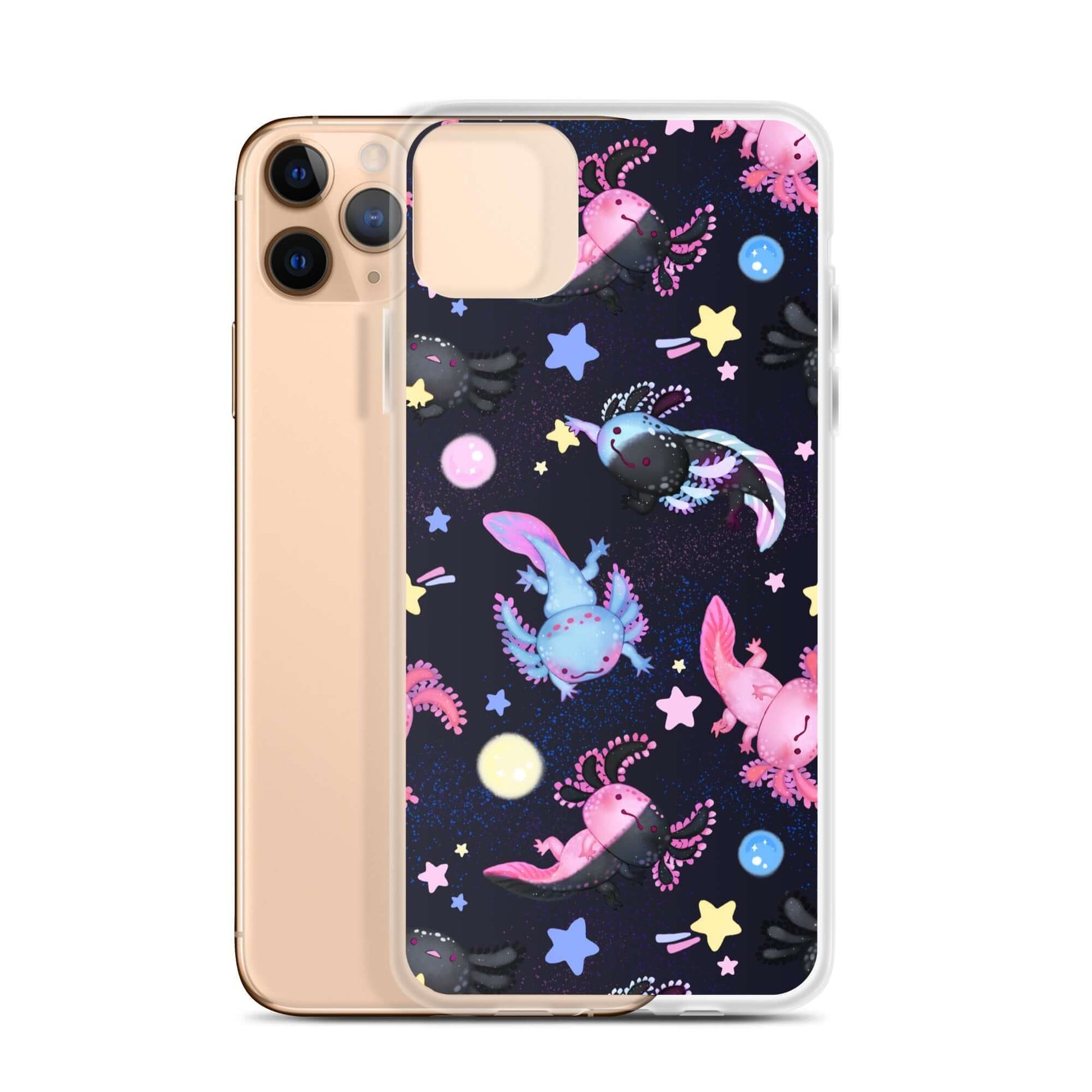 Vibrant Axolotl iPhone® Clear Case showcases colorful axolotls, offering stylish protection for your phone.