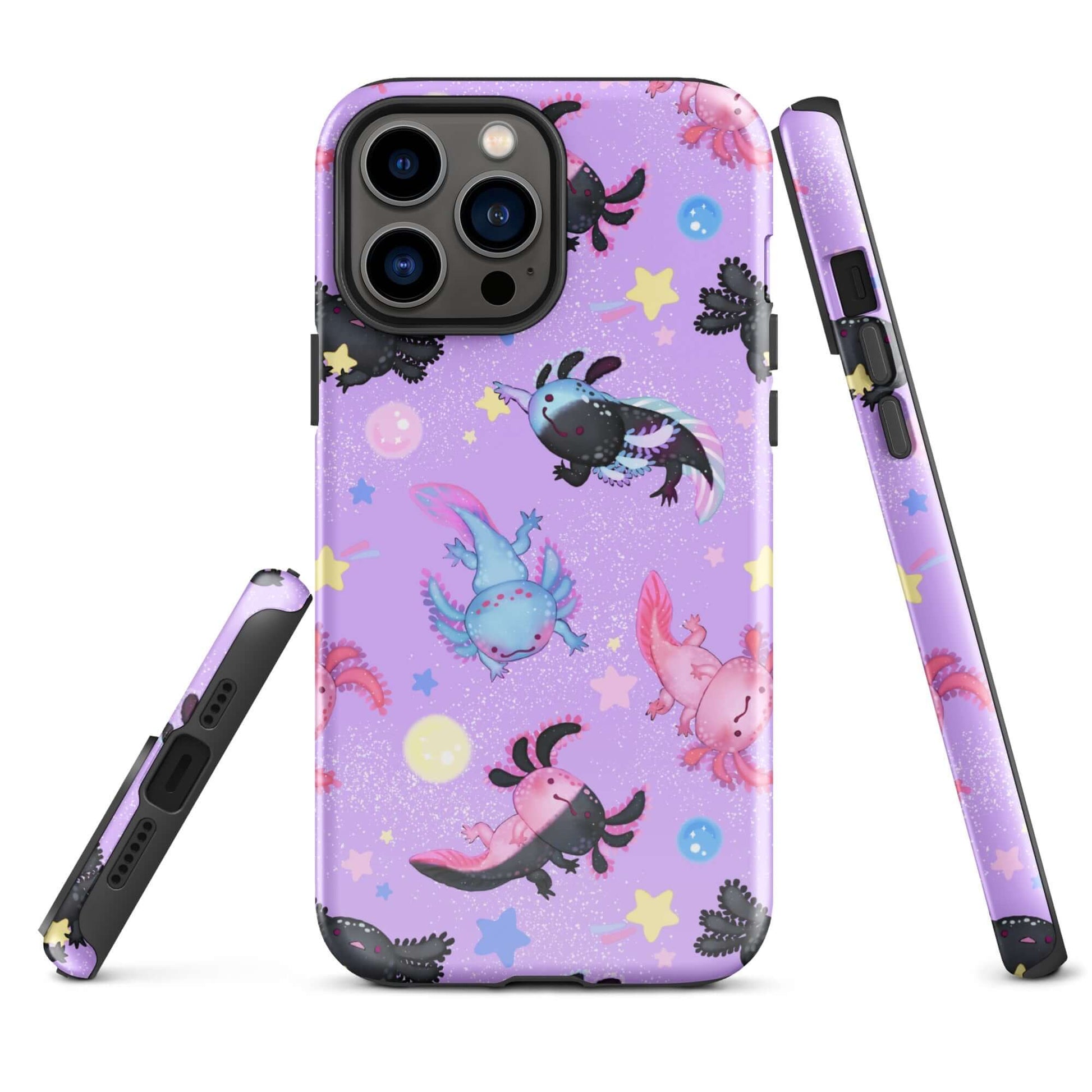 Colorful Axolotl iPhone® Tough Case featuring durable dual-layer protection for stylish phone safety year-round.