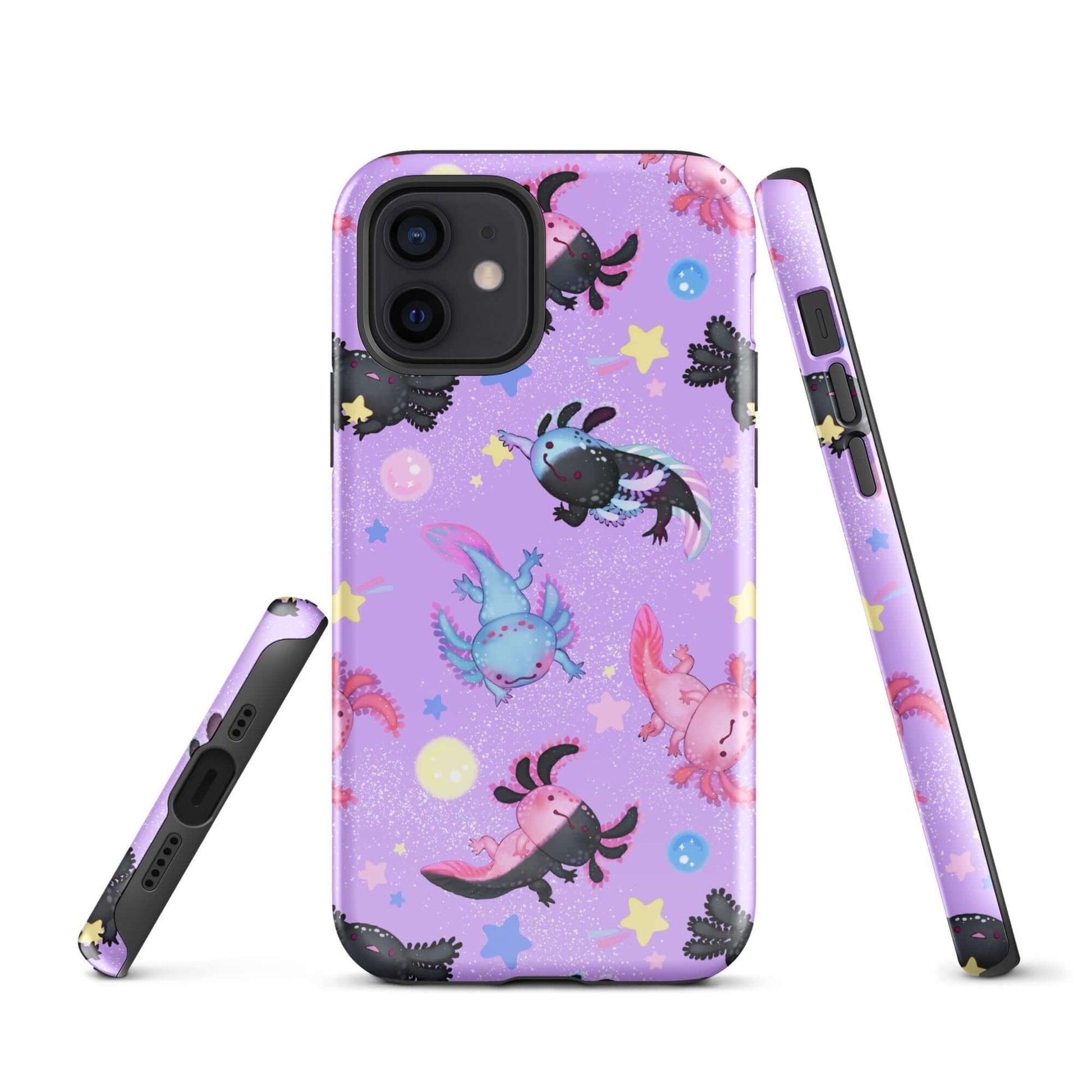 Colorful Axolotl iPhone® Tough Case featuring cute designs, ensuring stylish protection for your phone year-round.