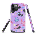 Colorful Axolotl iPhone® Tough Case featuring cute axolotls on a purple background, perfect for stylish phone protection.