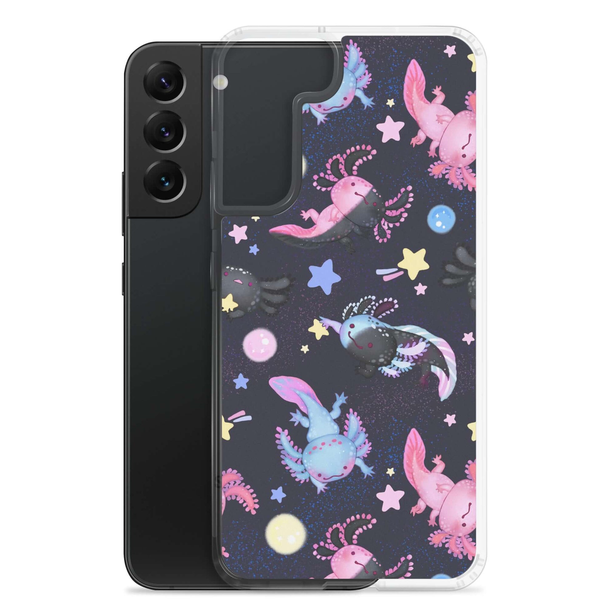 Colorful Axolotl Samsung® Clear Case on a Samsung Galaxy S22, offering stylish protection from scratches and dust.