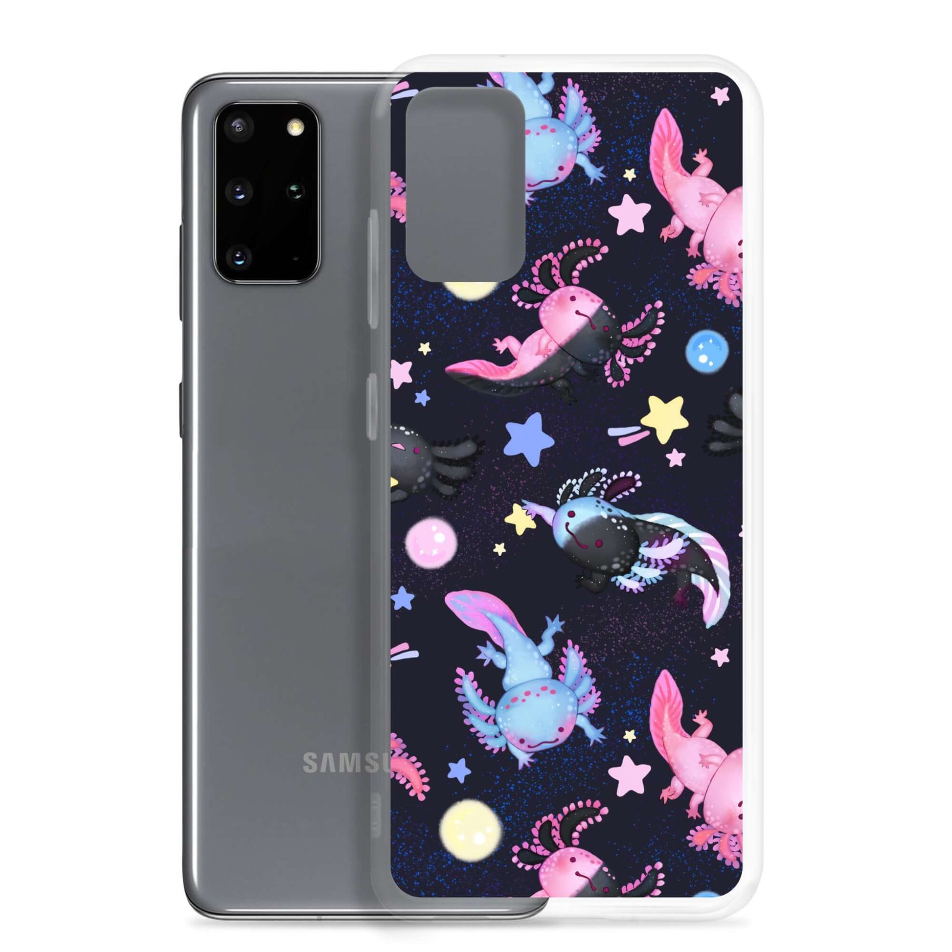 Protect your phone in style with the Axolotl Samsung® Clear Case, showcasing cute axolotls and vibrant colors.
