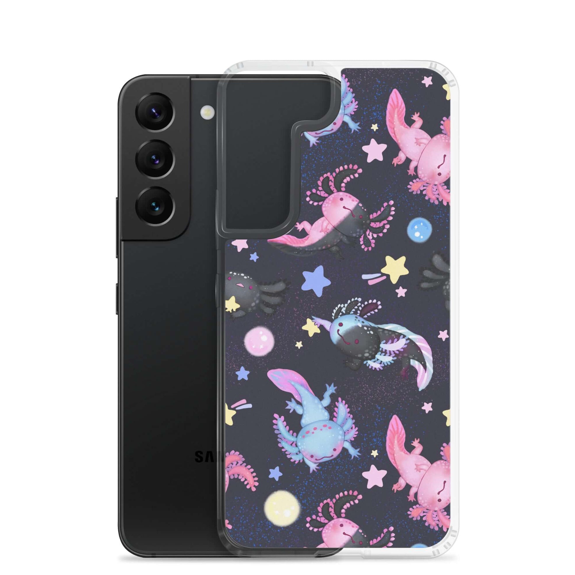 Protect your phone in style with the Axolotl Samsung® Clear Case, featuring colorful axolotls and starry designs.