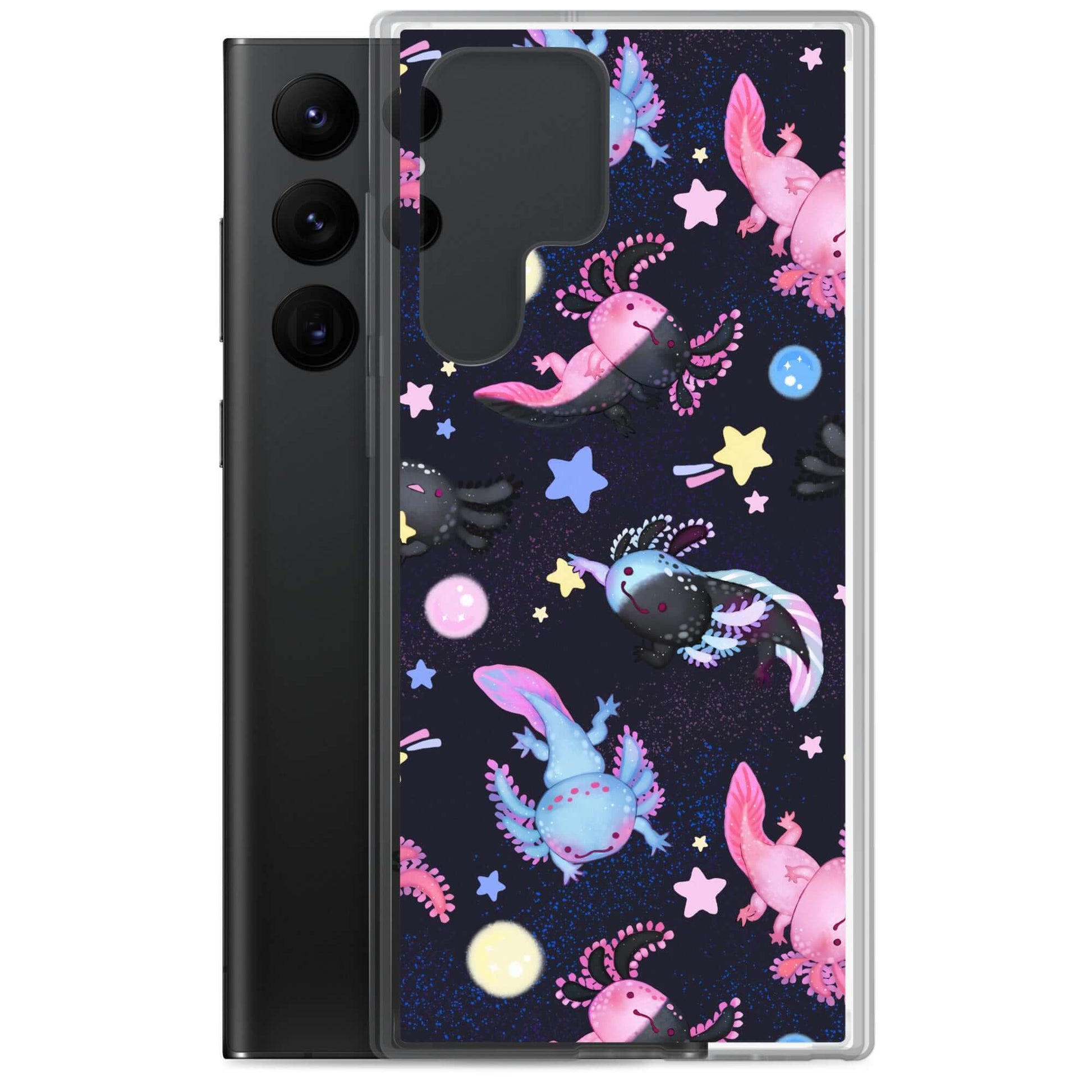 Colorful Axolotl Samsung® Clear Case featuring cute axolotls, perfect for protecting your phone stylishly.