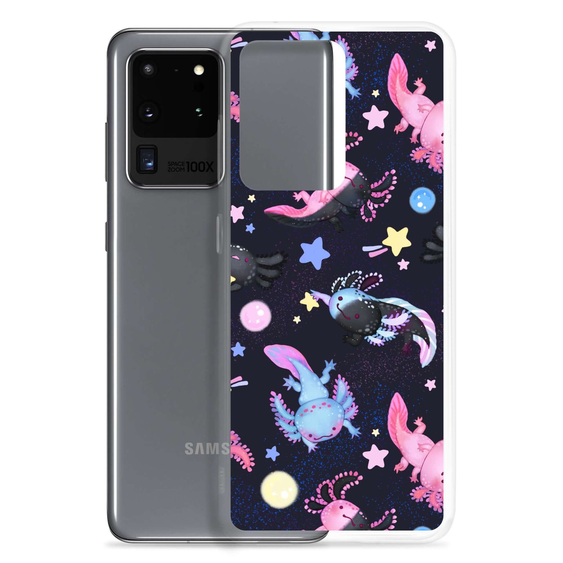 Vibrant Axolotl Samsung® Clear Case showcasing colorful axolotls, perfect for style and protection against daily wear.