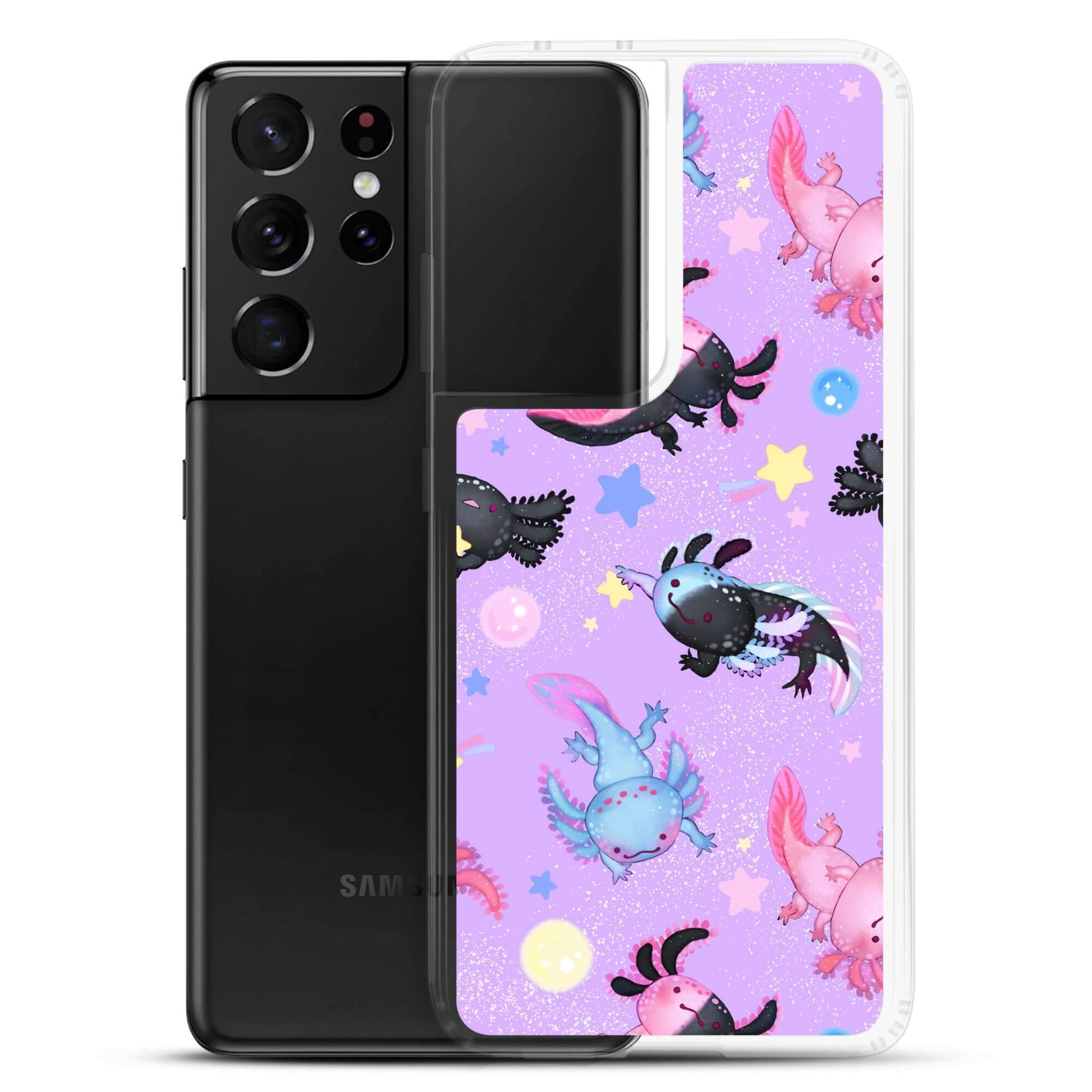 Colorful Axolotl Samsung® Clear Case displaying cute axolotls, perfect for protecting your phone in style.