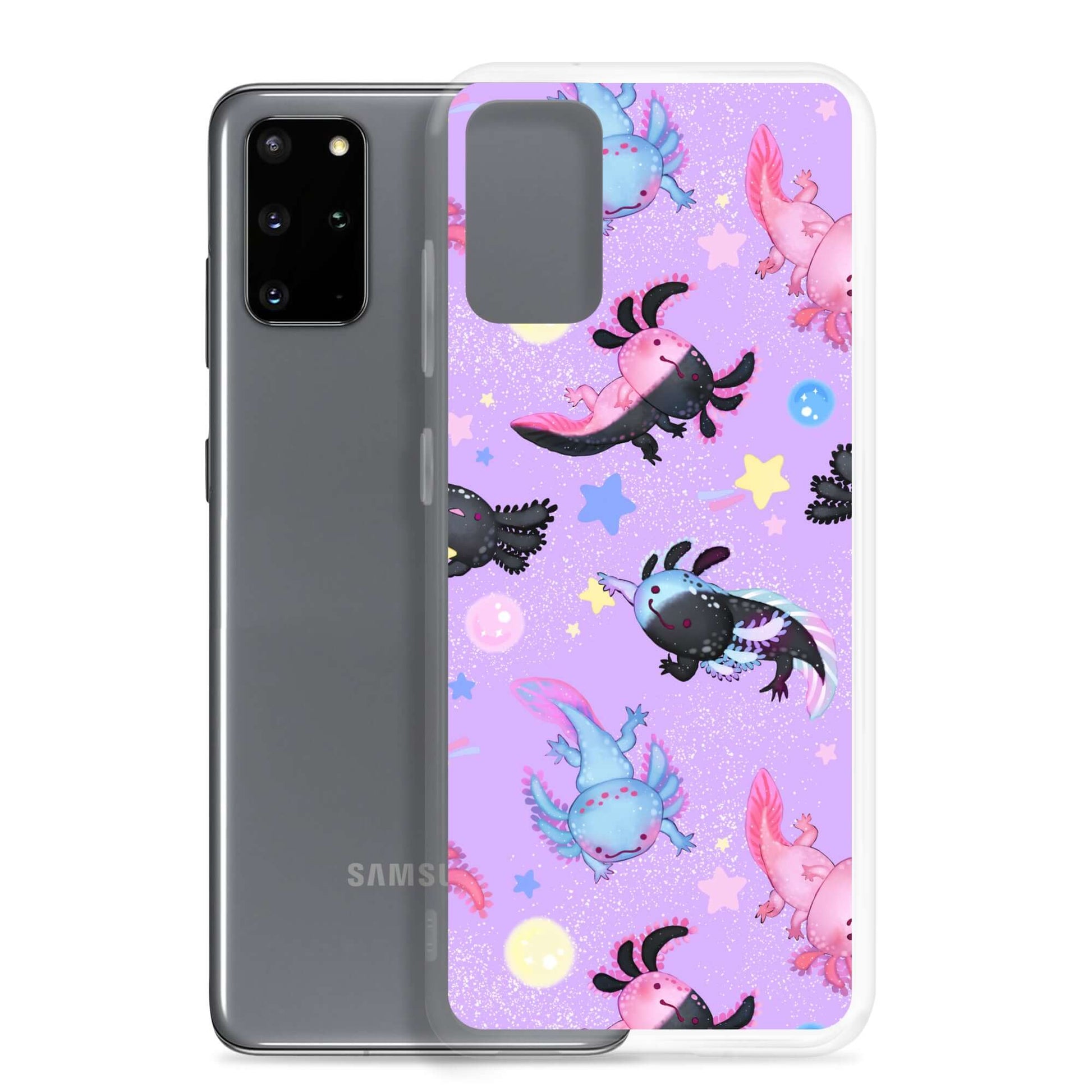 Stylish Axolotl Samsung® Clear Case featuring colorful axolotls on a playful background, perfect for protecting your phone.