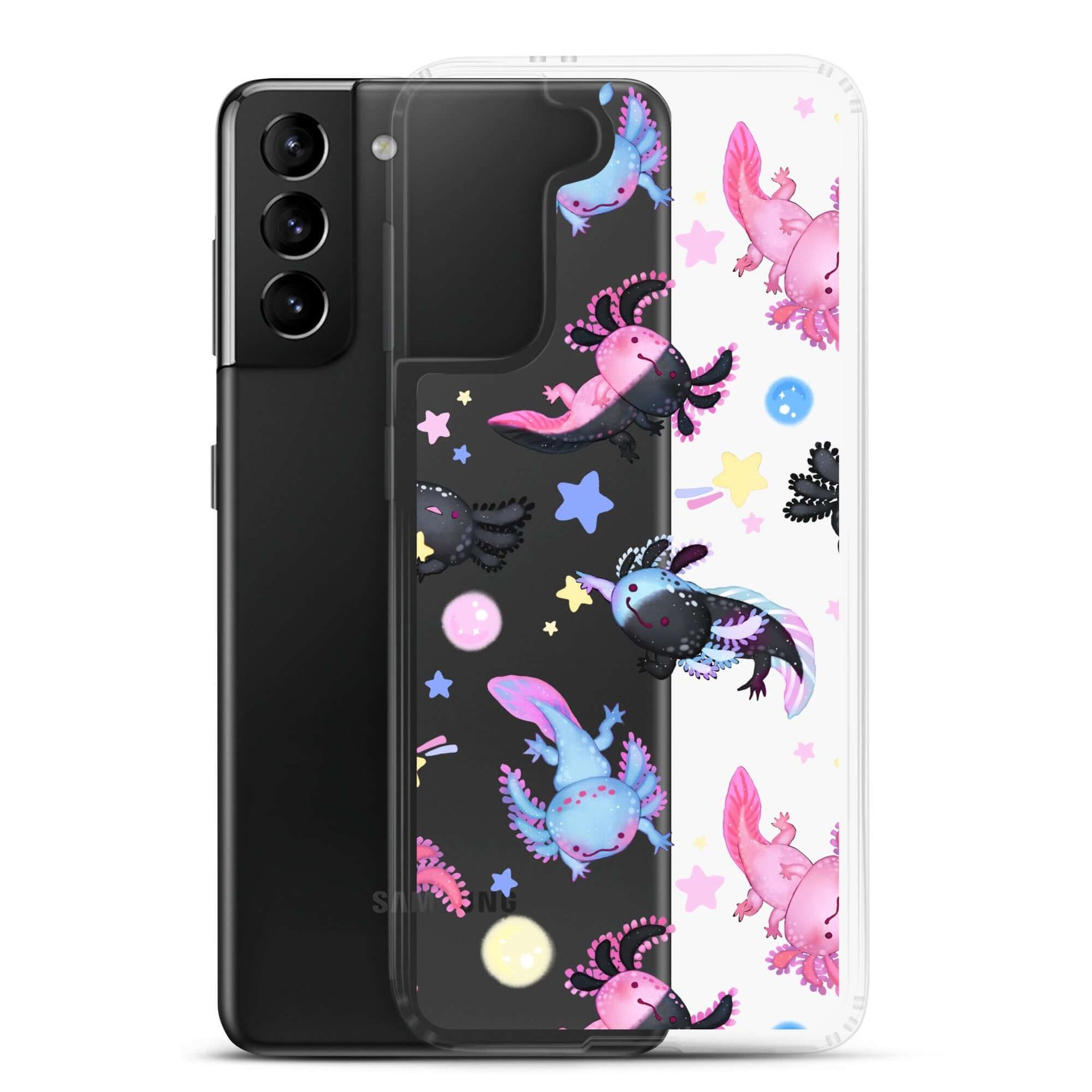 Cute Axolotl Samsung® Clear Case showcasing vibrant designs, perfect for protecting your phone in style.