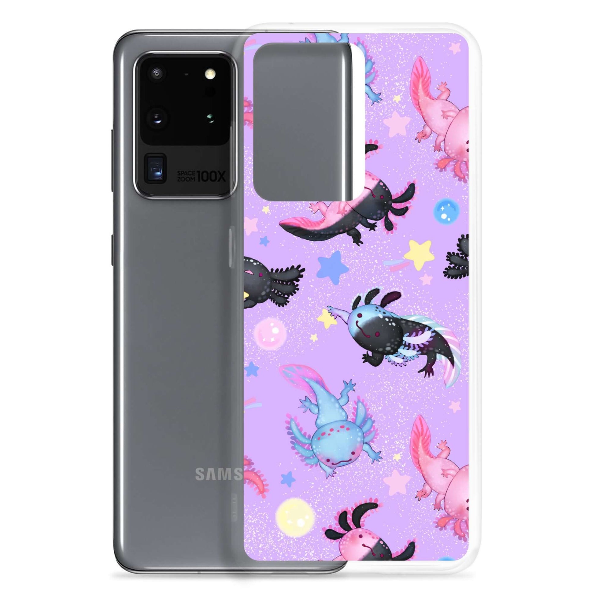 Colorful Axolotl Samsung® Clear Case showcases cute axolotl designs, perfect for style and protection.