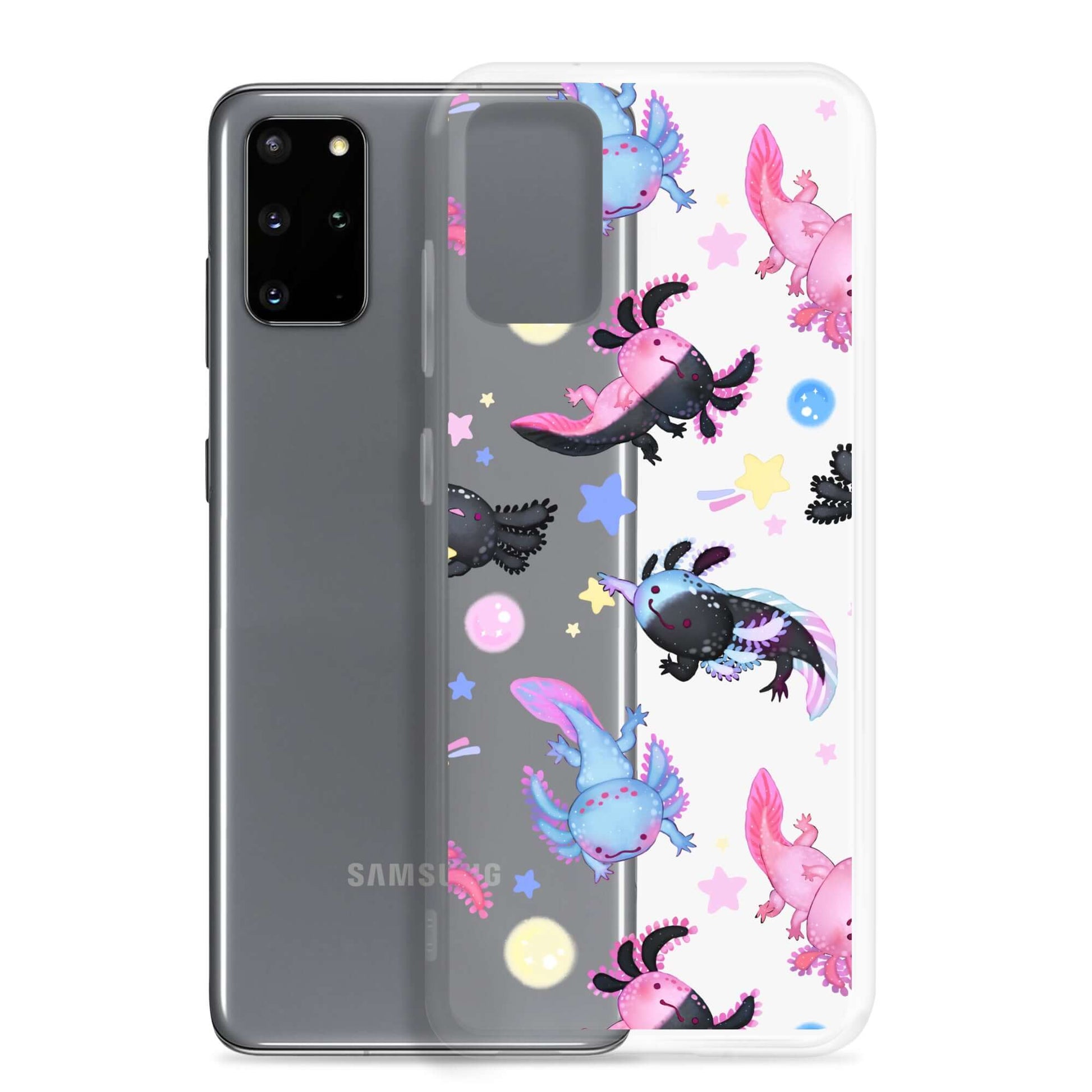 Colorful Axolotl Samsung® Clear Case showcases cute axolotls, protecting your phone with style and charm.