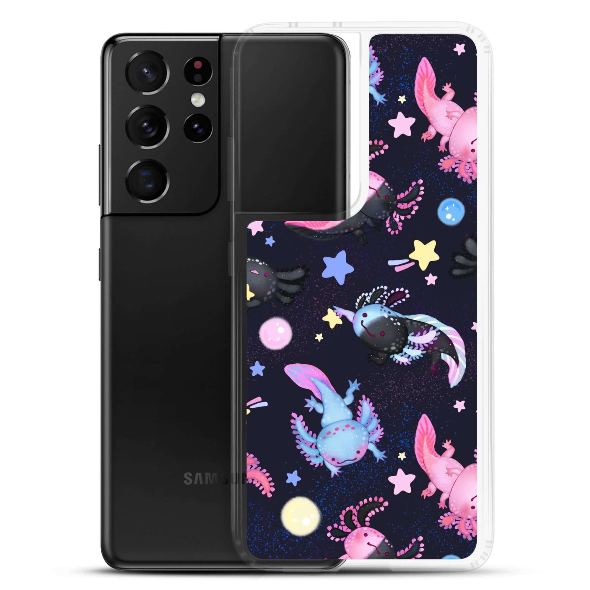 Colorful Axolotl Samsung® Clear Case showcases playful axolotls, adding style while protecting your phone from damage.