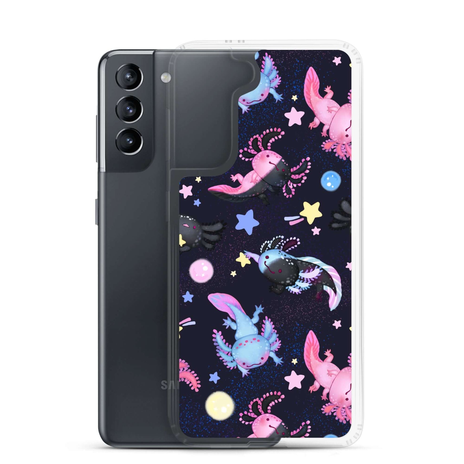Colorful Axolotl Samsung® Clear Case showcasing playful designs, perfect for protecting your Galaxy S21 in style.