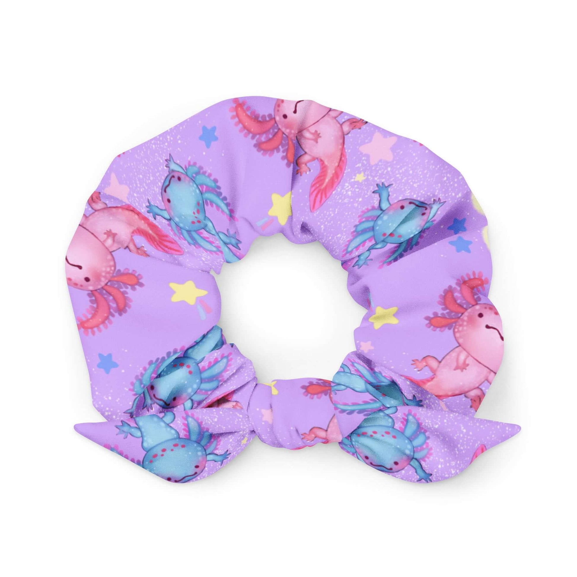 Trendy Axolotl Scrunchie featuring colorful axolotls and stars, perfect for stylish hairdos and outfit matching.