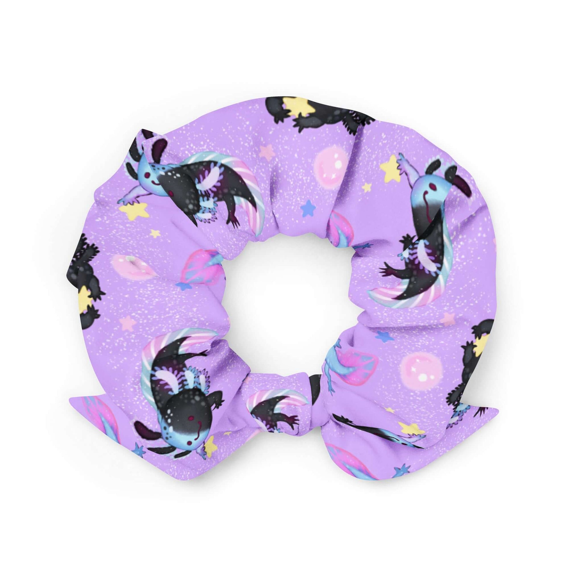 Bright and playful Axolotl Scrunchie, perfect for adding flair to your outfits while keeping your hair stylishly in place.