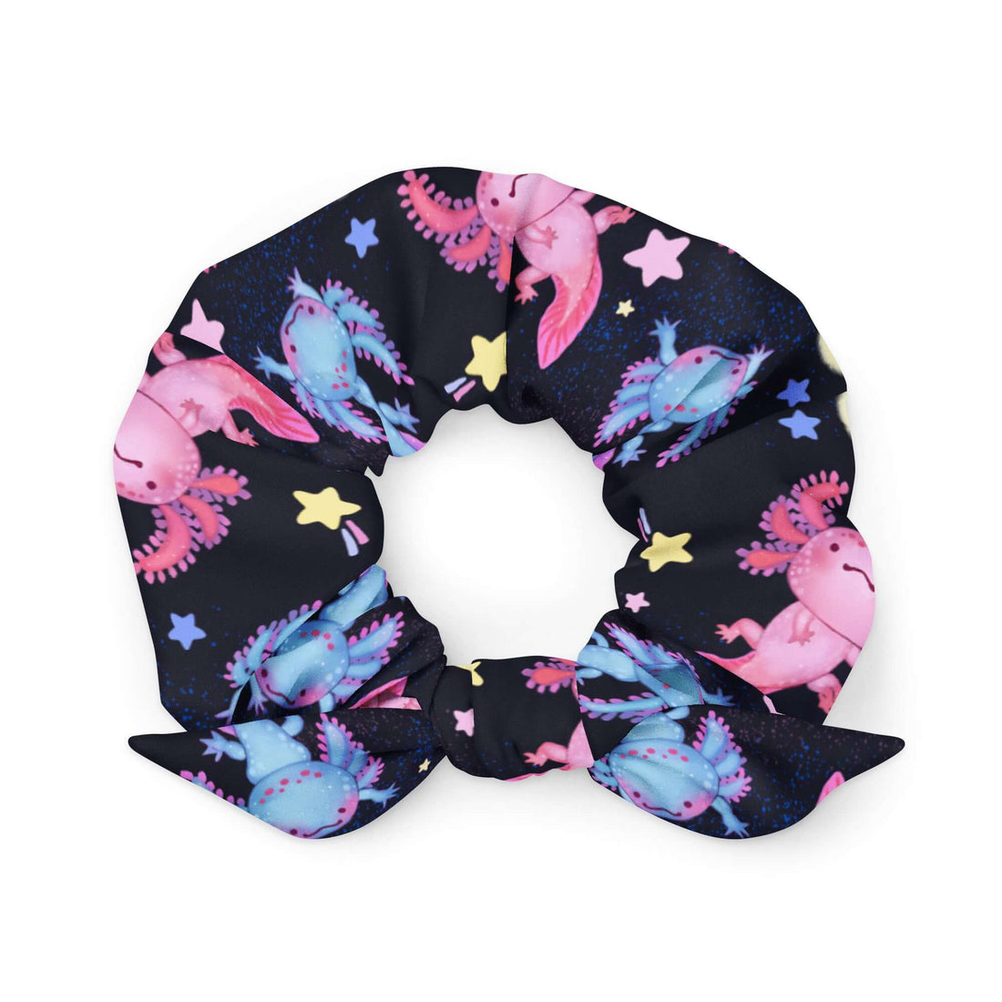 Colorful Axolotl Scrunchie featuring playful axolotl designs, perfect for stylish hair accessories and outfit matching.