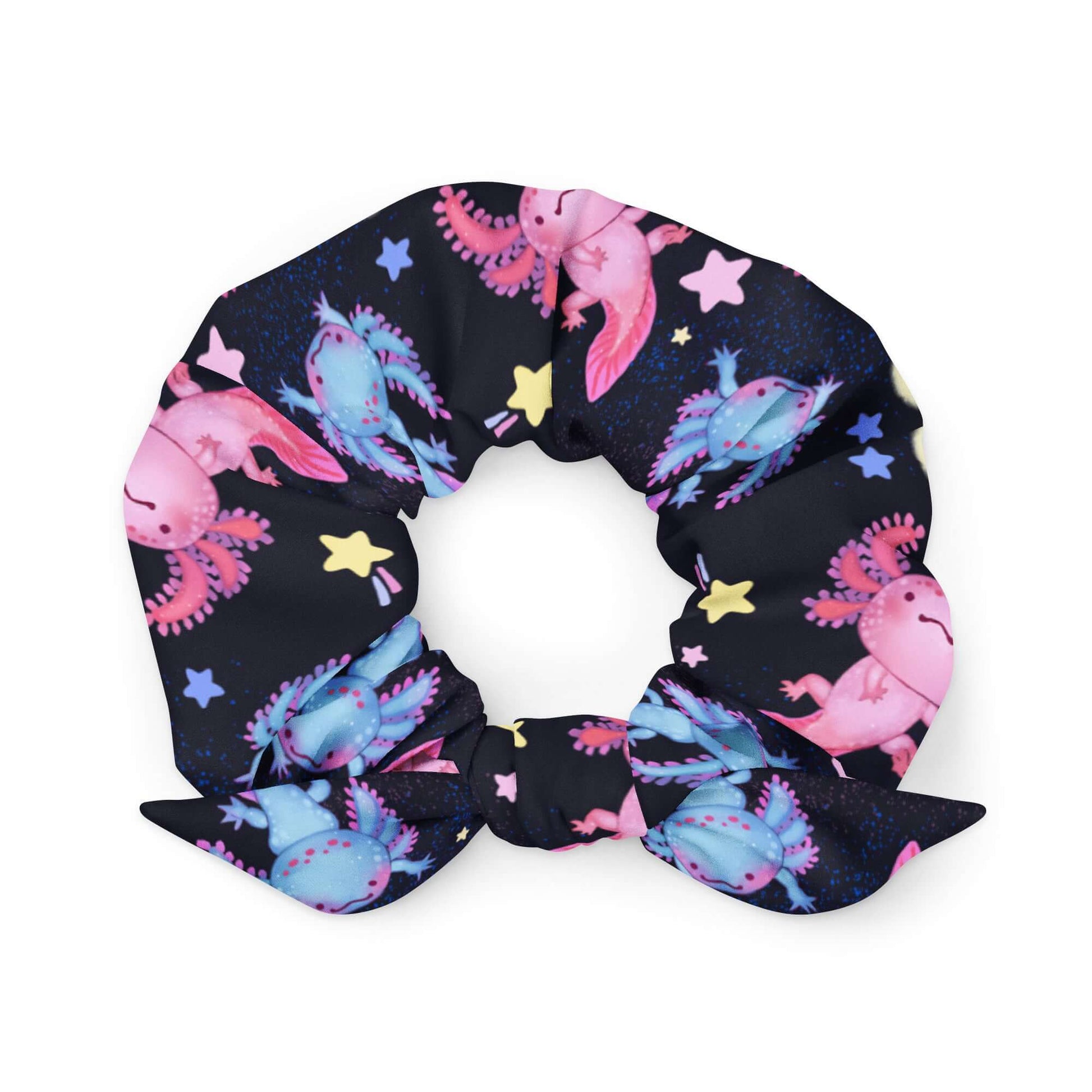 Colorful Axolotl Scrunchie featuring playful axolotl designs, perfect for stylish hair accessories and outfit matching.