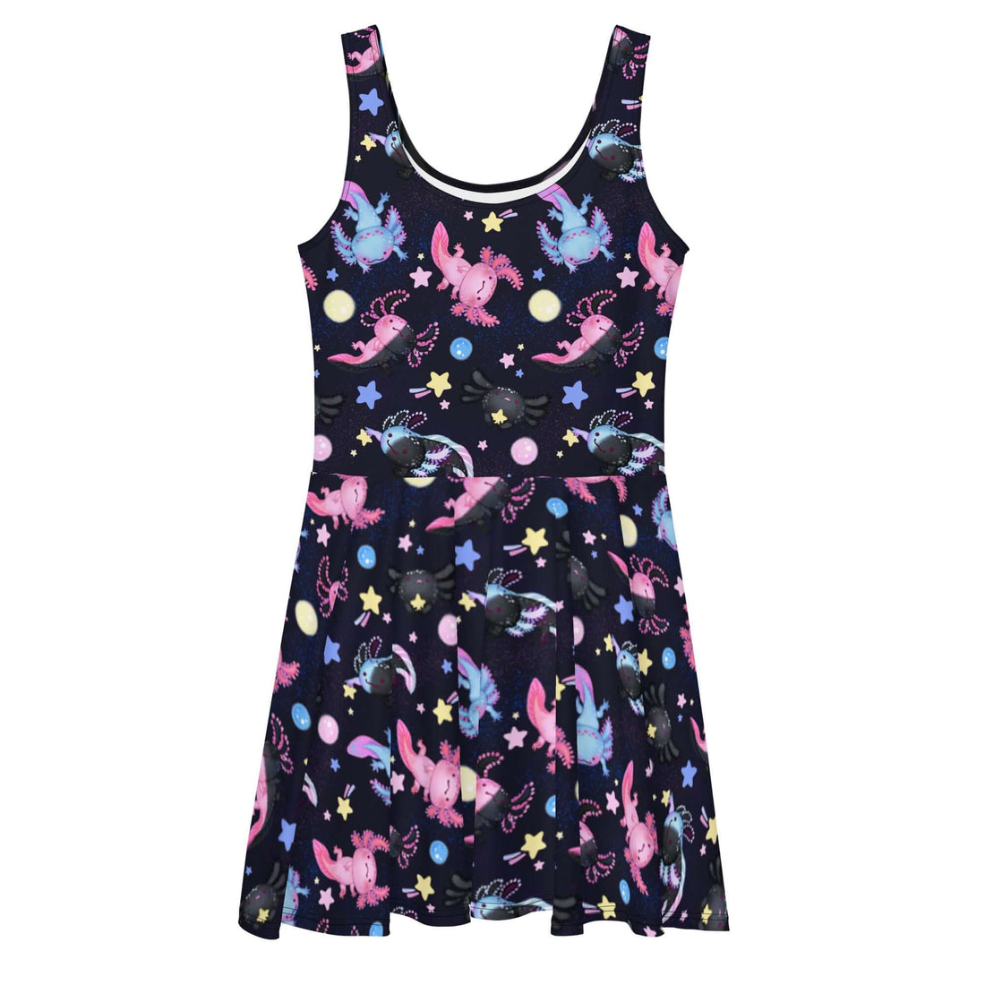 Colorful Axolotl Skater Dress features playful axolotls and stars, perfect for summer outings and casual wear.