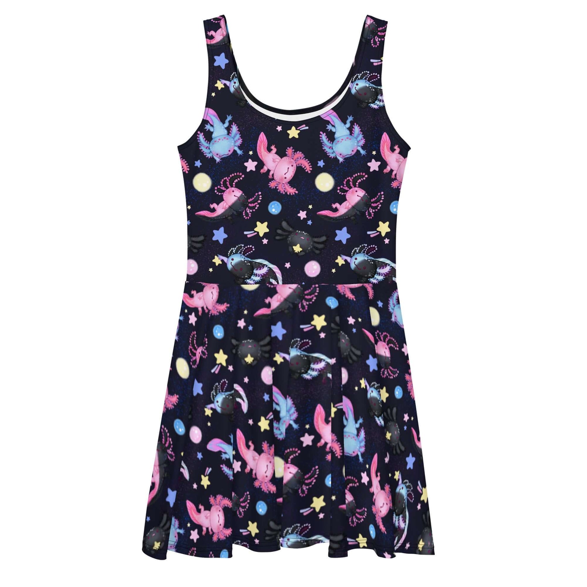 Colorful Axolotl Skater Dress features playful axolotls and stars, perfect for summer outings and casual wear.