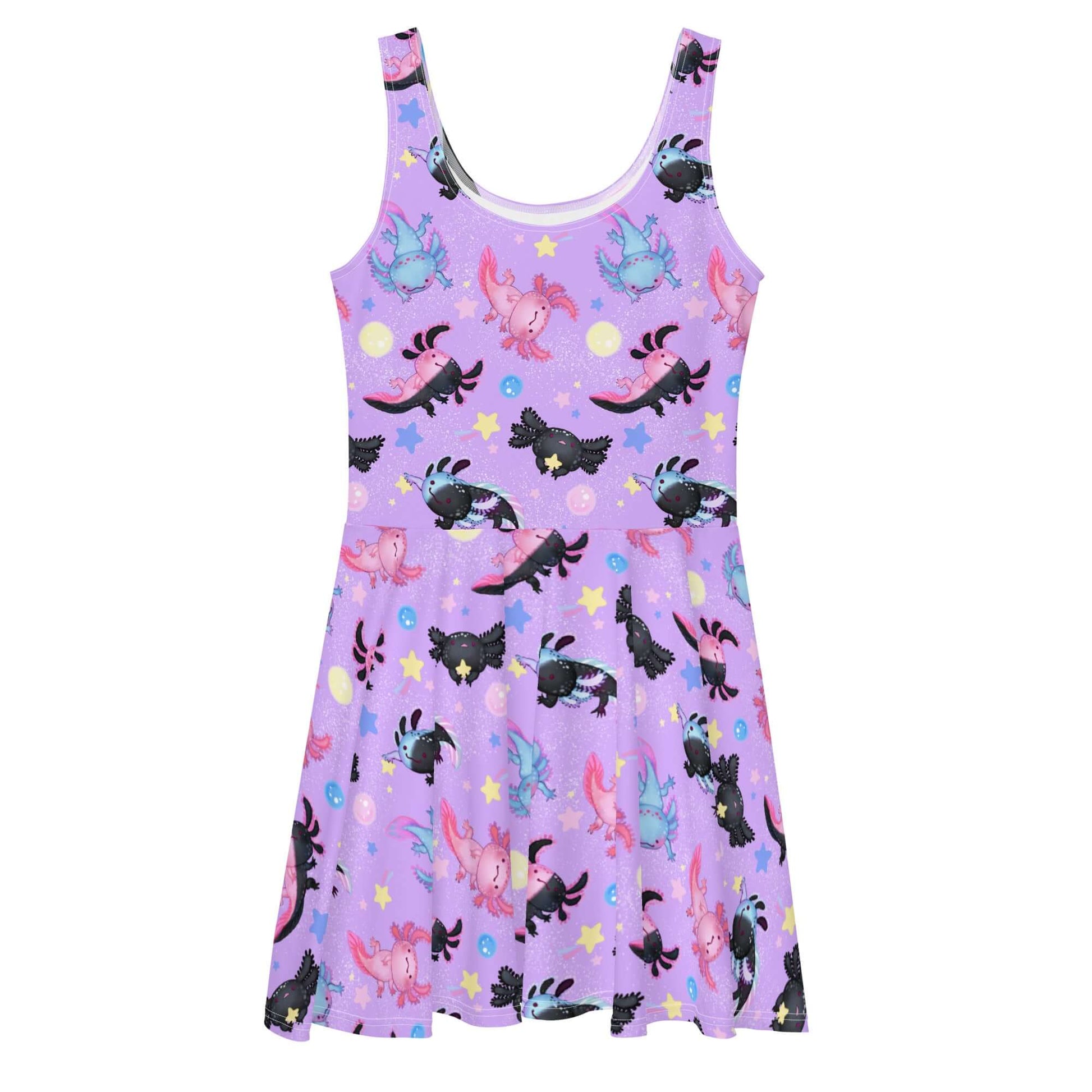 Cute Axolotl Skater Dress features vibrant axolotl prints, perfect for summer outings and casual wear.